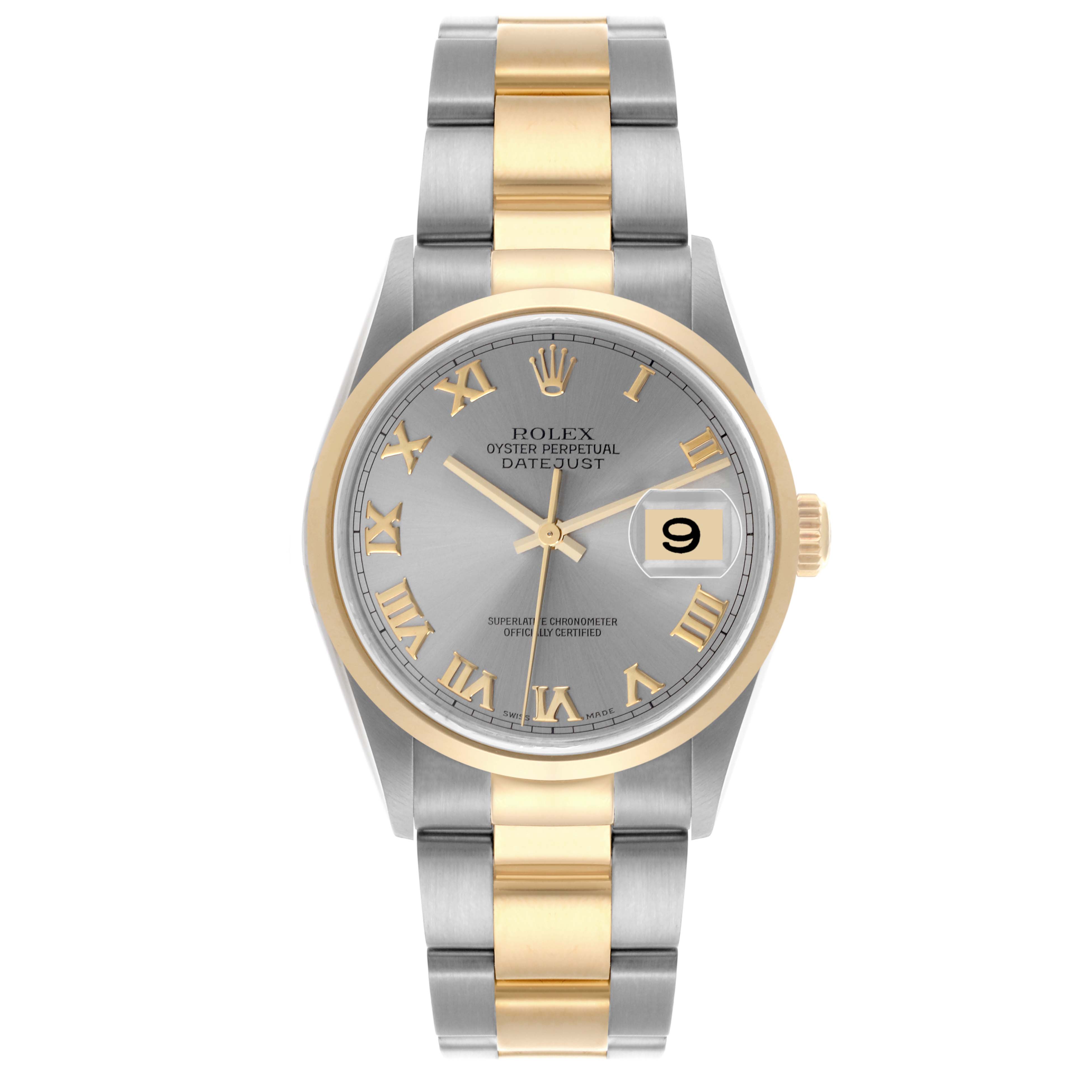 The image shows a Rolex Datejust 16203 Men's Steel and Gold (two tone) Grey Dial 16203 Men's Steel and Gold (two tone) Grey Dial watch from the front, highlighting the dial, bezel, and two-tone bracelet.