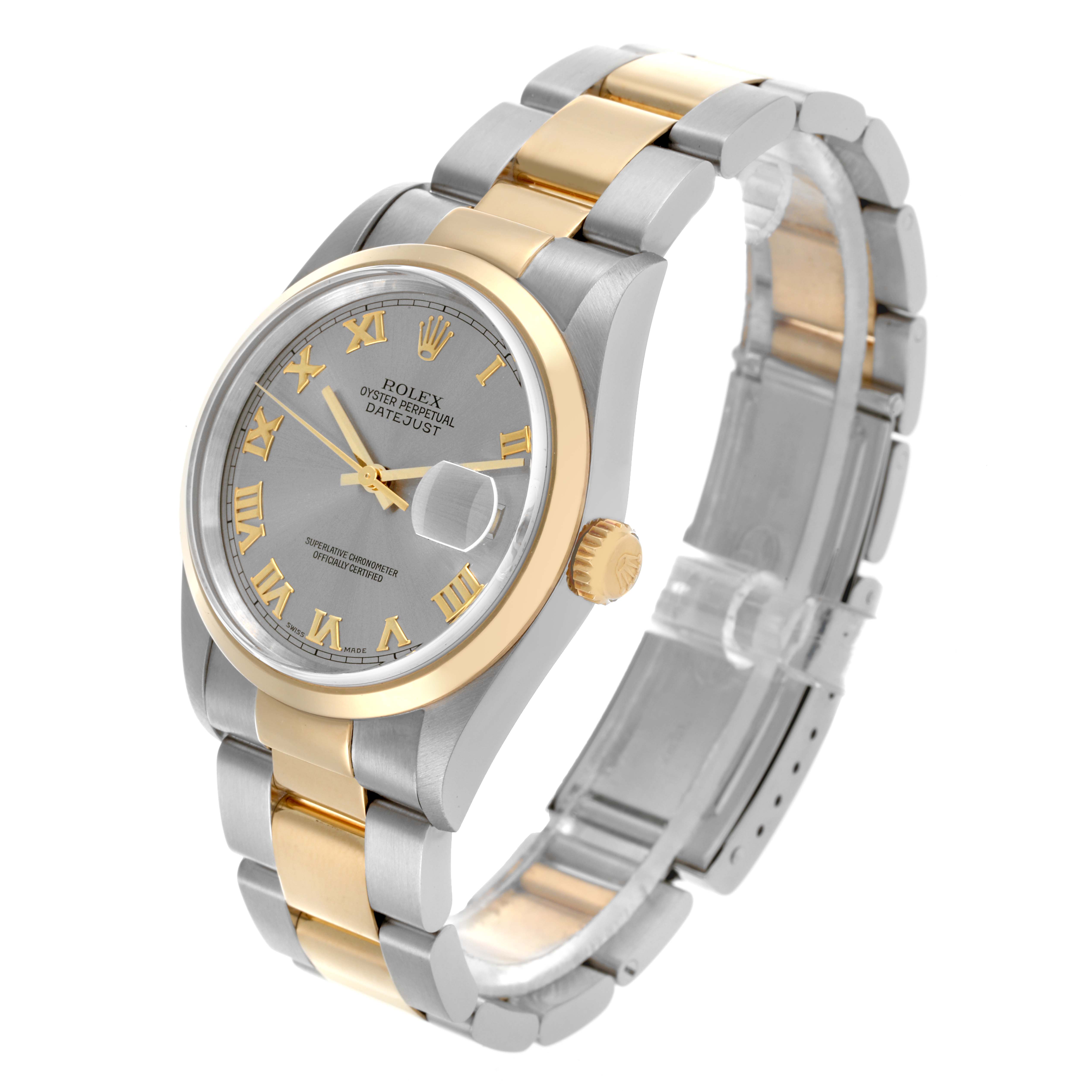 The Rolex Datejust 16203 Men's Steel and Gold (two tone) Grey Dial 16203 Men's Steel and Gold (two tone) Grey Dial watch is shown at an angle displaying the face, bezel, crown, and part of the bracelet.
