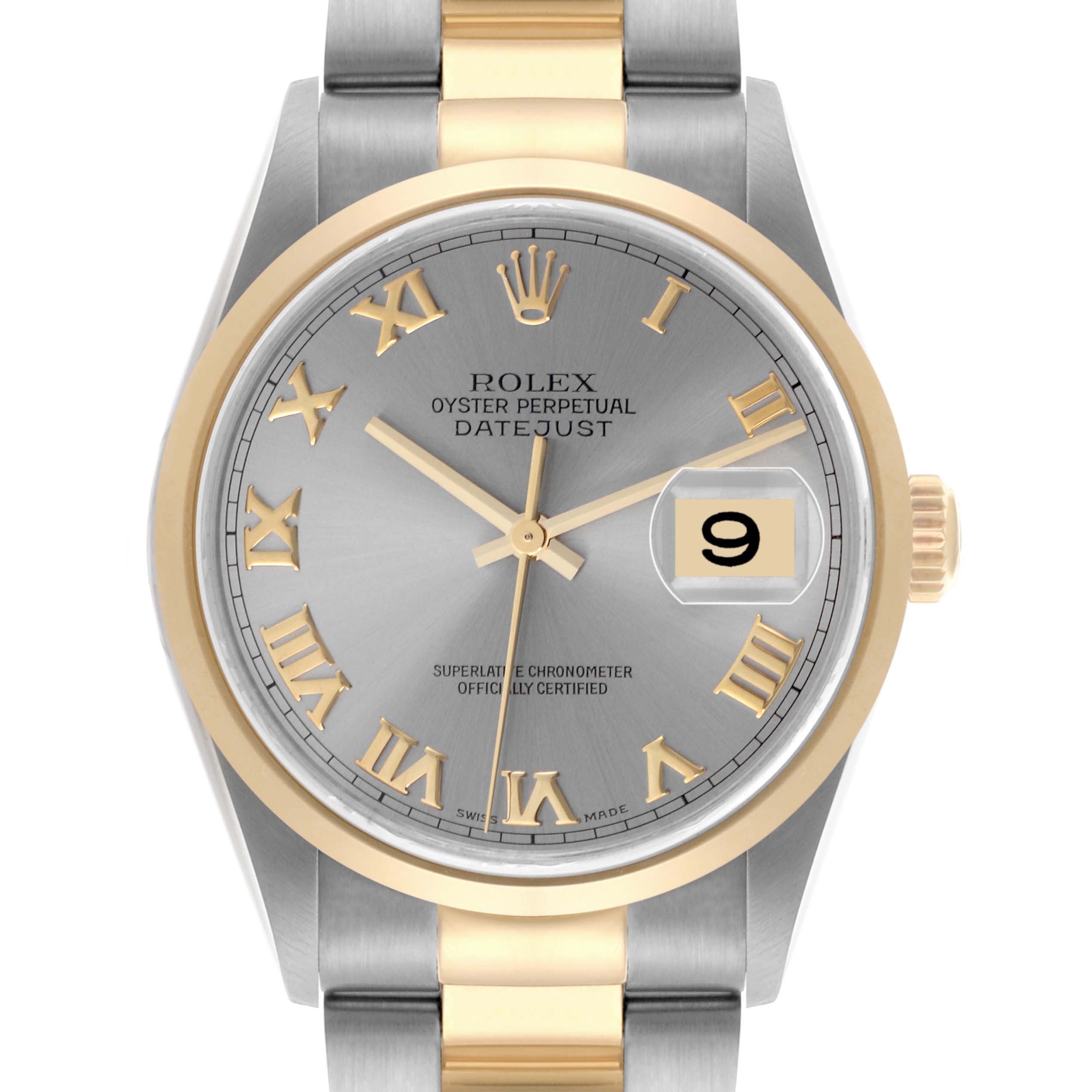 The Rolex Datejust 16203 Men's Steel and Gold (two tone) Grey Dial 16203 Men's Steel and Gold (two tone) Grey Dial watch is shown from the front, displaying the dial, bezel, hands, and date window.