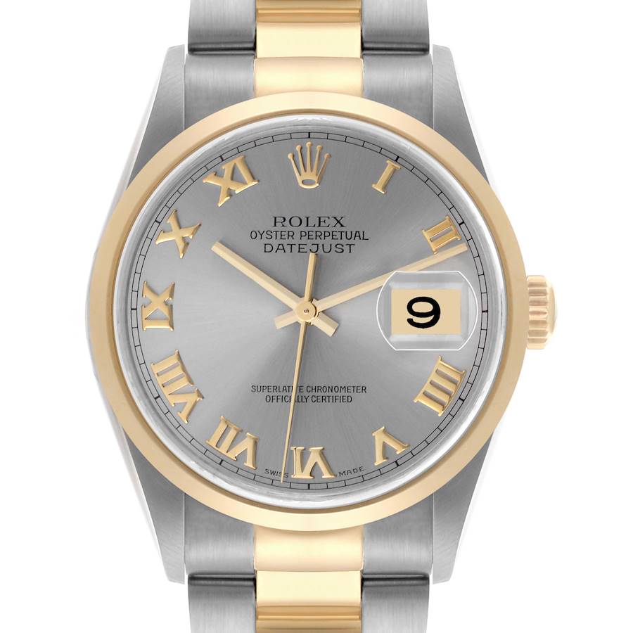 The Rolex Datejust watch is shown from the front, displaying the dial, bezel, hands, and date window.