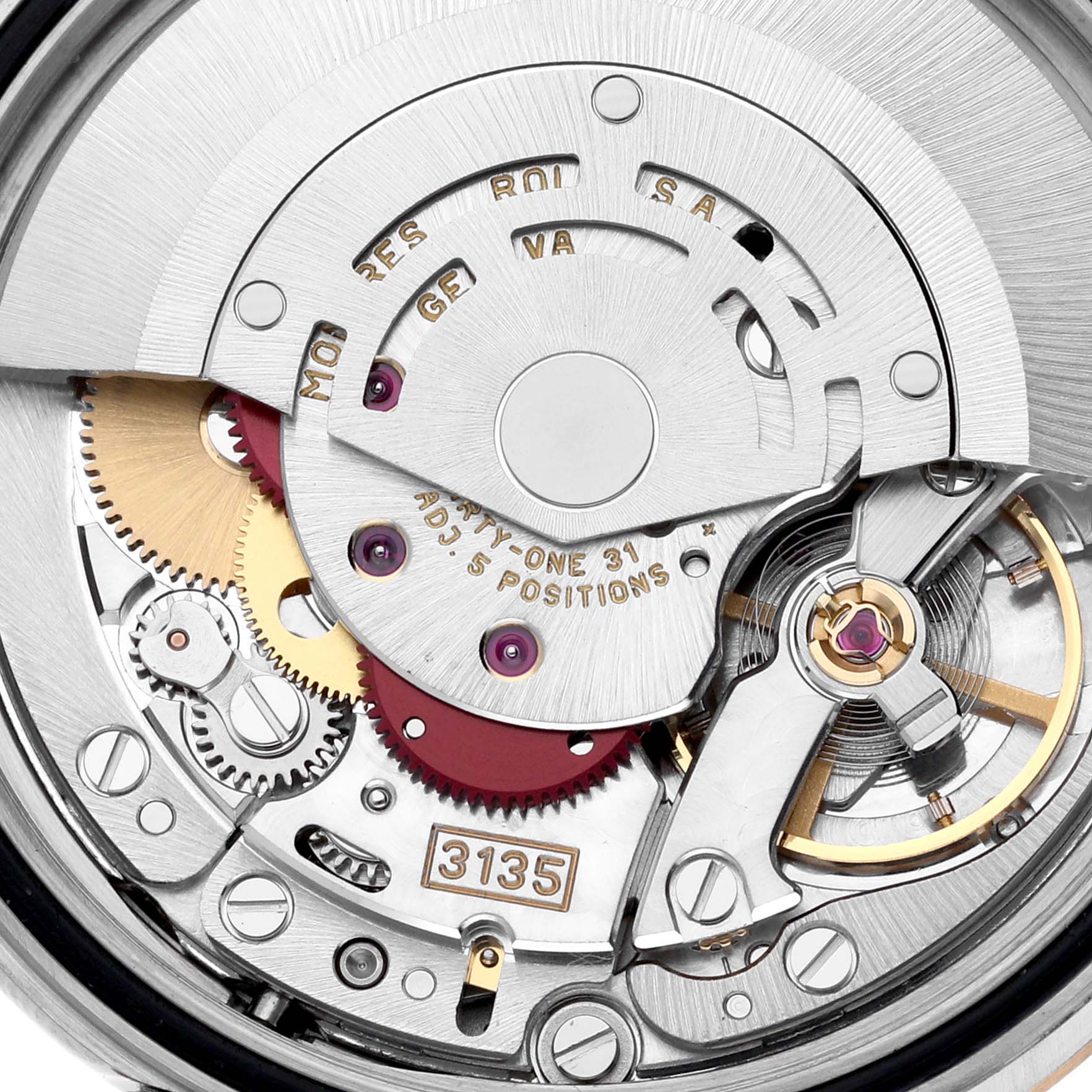 The image shows a close-up of the Rolex Datejust 16203 Men's Steel and Gold (two tone) Grey Dial 16203 Men's Steel and Gold (two tone) Grey Dial movement, highlighting gears and the rotor mechanism.