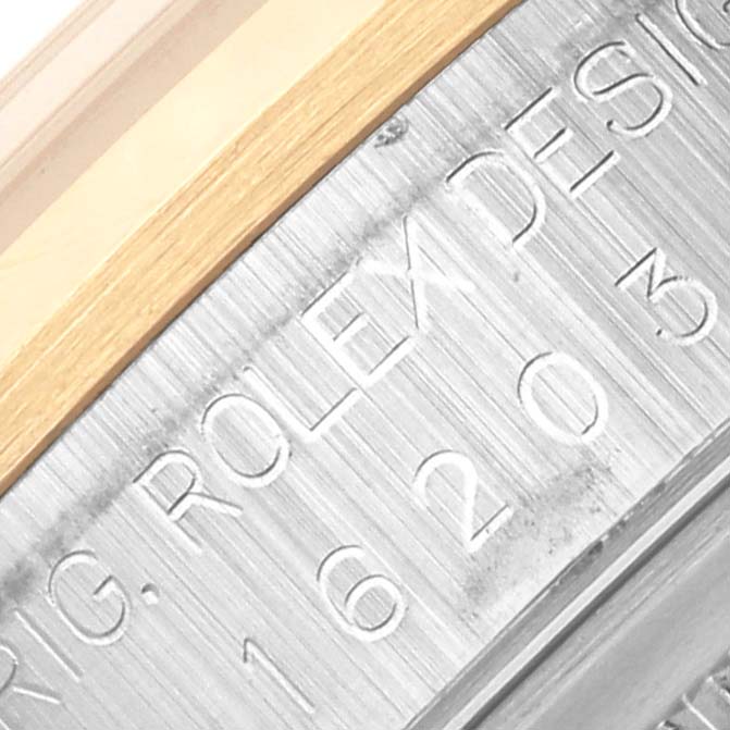 The image shows a close-up of the side of a Rolex Datejust 16203 Men's Steel and Gold (two tone) Grey Dial 16203 Men's Steel and Gold (two tone) Grey Dial, highlighting the model number engraving.