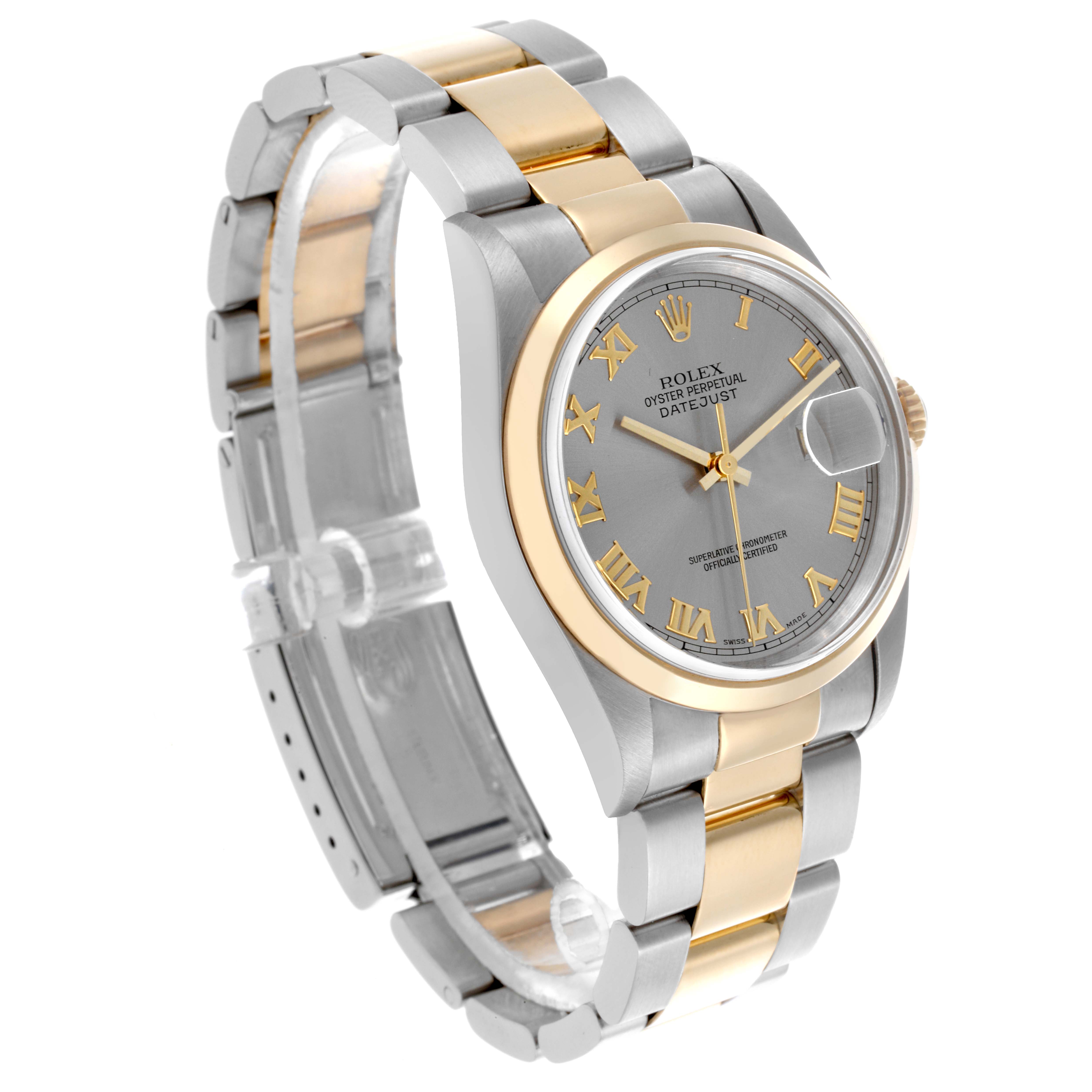The Rolex Datejust 16203 Men's Steel and Gold (two tone) Grey Dial 16203 Men's Steel and Gold (two tone) Grey Dial is shown at a side angle, displaying the dial, bezel, and two-tone bracelet with Roman numerals.