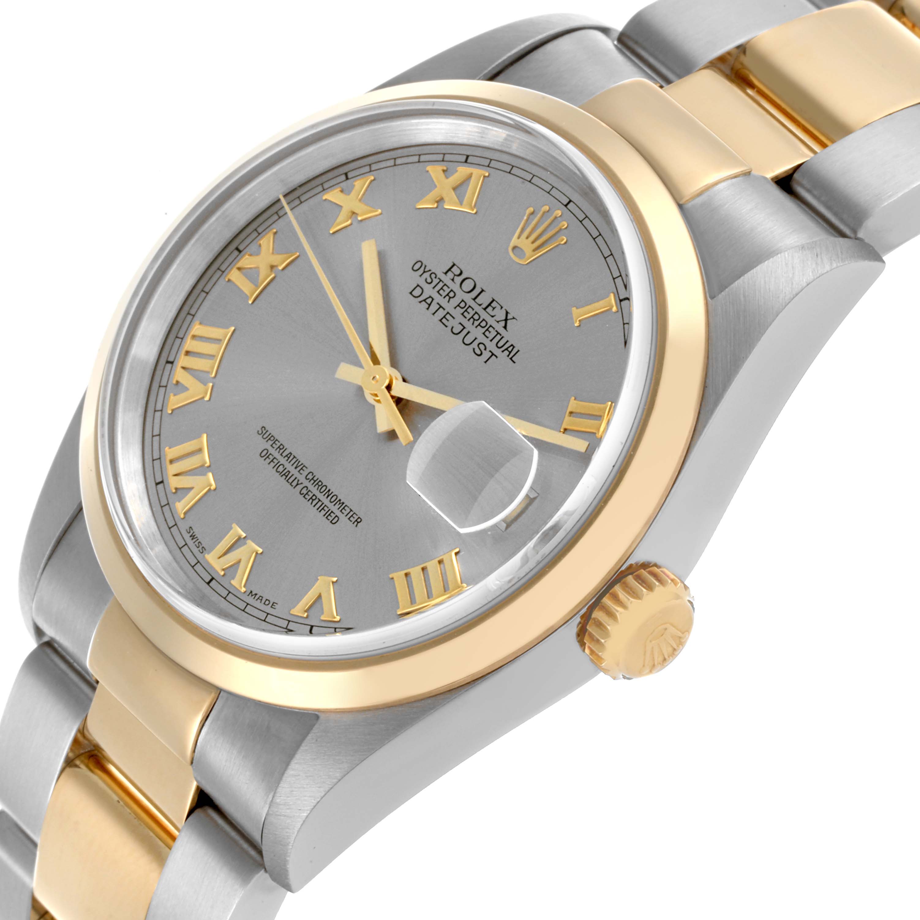 The image shows a Rolex Datejust 16203 Men's Steel and Gold (two tone) Grey Dial 16203 Men's Steel and Gold (two tone) Grey Dial watch angled to display the face, bezel, crown, and part of the bracelet.
