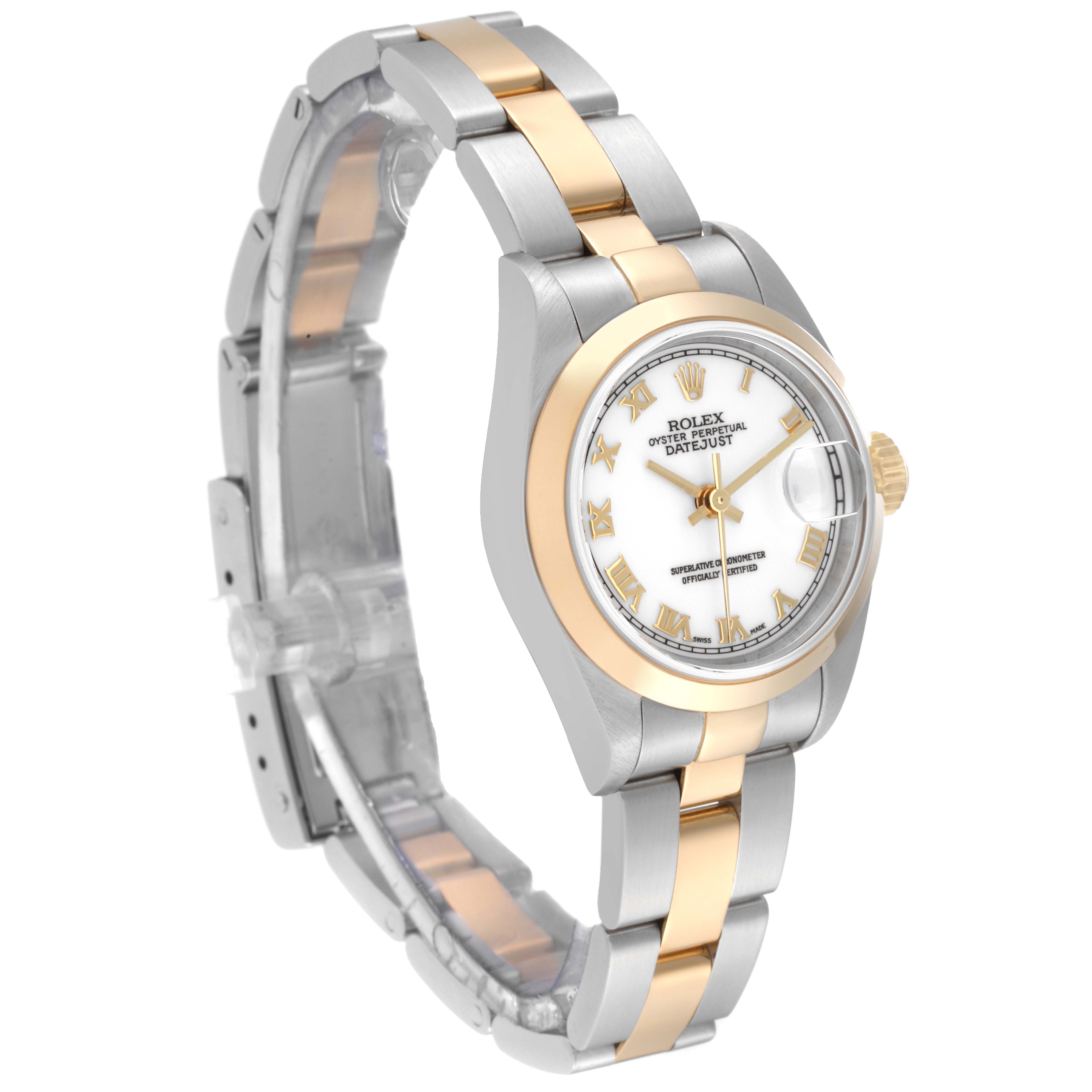 The image shows a side angle of a Rolex Datejust 79163 Women's Steel and Gold (two tone) White Dial 79163 Women's Steel and Gold (two tone) White Dial watch, featuring a two-tone bracelet and a white dial with gold Roman numerals.