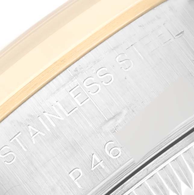 This image shows a close-up of the stainless steel back case of the Rolex Datejust 79163 Women's Steel and Gold (two tone) White Dial 79163 Women's Steel and Gold (two tone) White Dial watch.