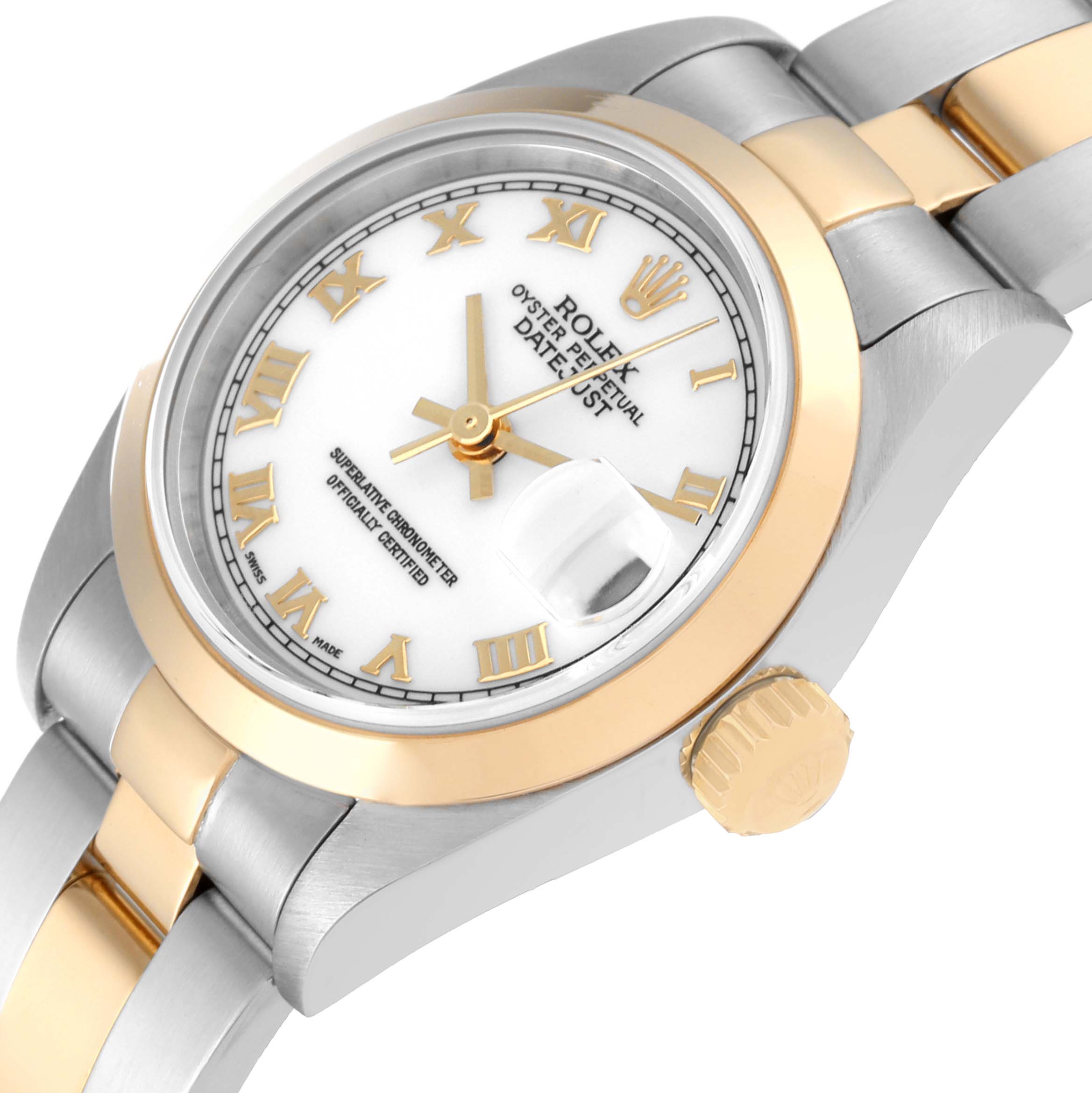 The image shows a Rolex Datejust 79163 Women's Steel and Gold (two tone) White Dial 79163 Women's Steel and Gold (two tone) White Dial watch at an angle displaying its dial, bezel, crown, and part of the bracelet.