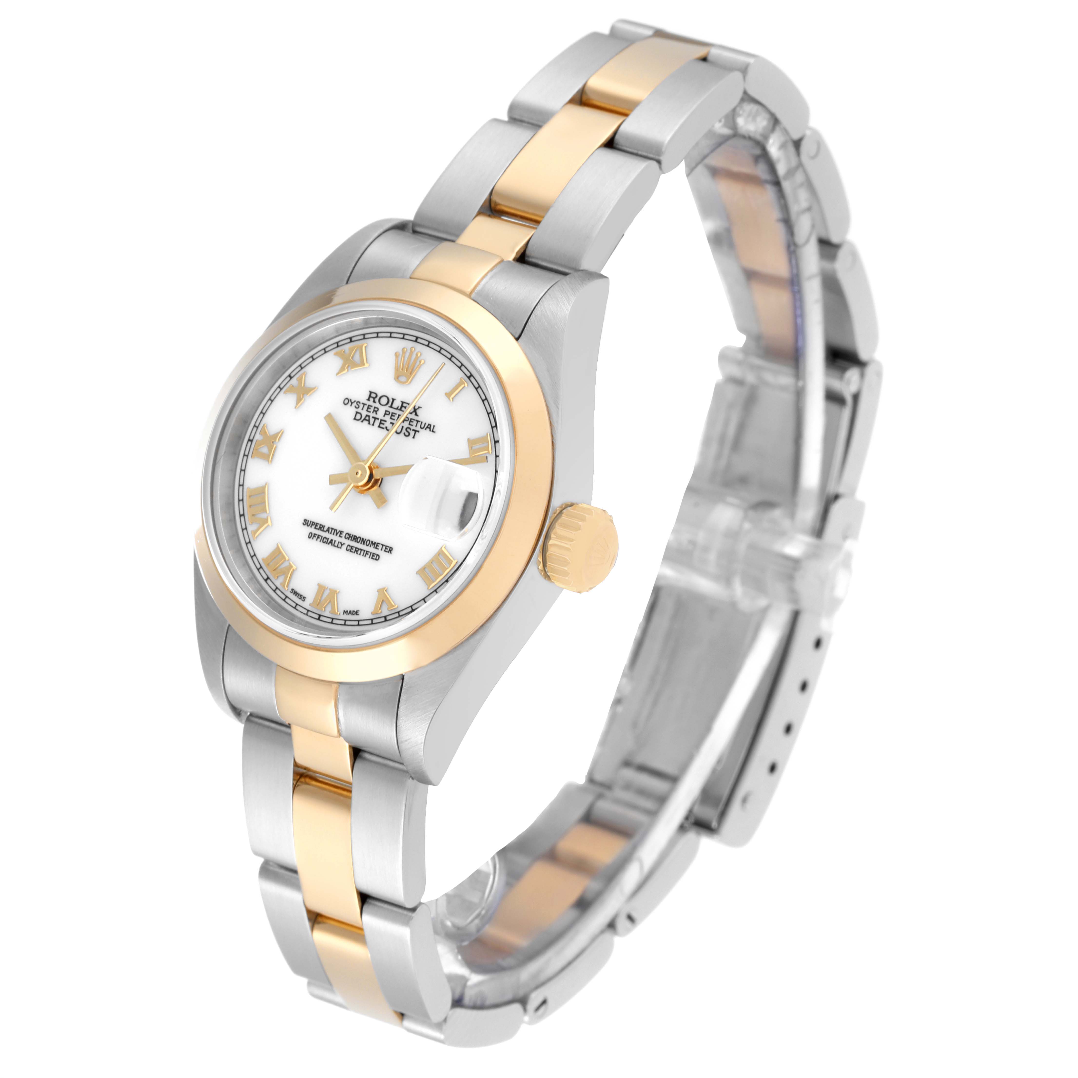 The Rolex Datejust 79163 Women's Steel and Gold (two tone) White Dial 79163 Women's Steel and Gold (two tone) White Dial watch is shown at a slight angle, displaying the dial, bezel, crown, and part of the bracelet.