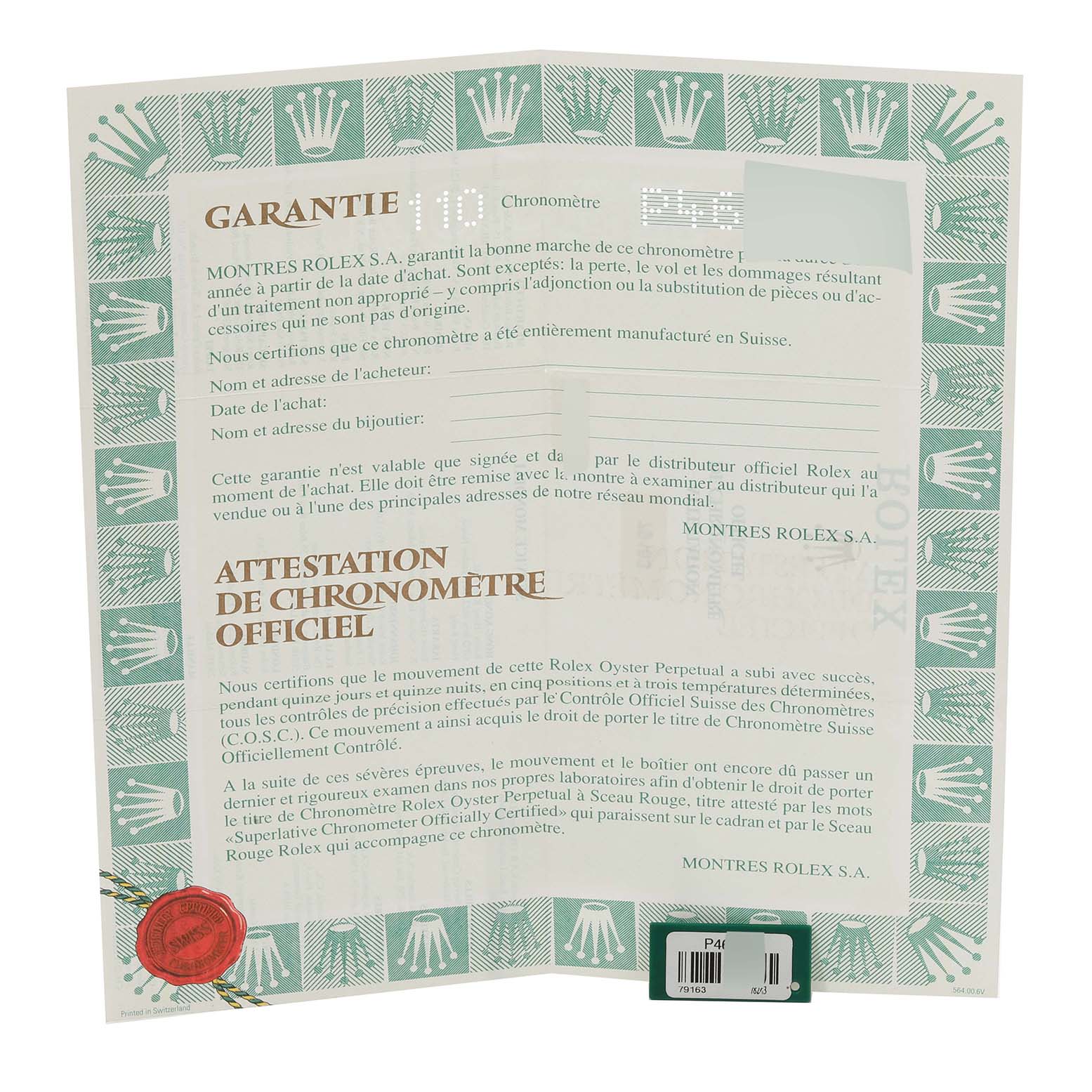 The image shows an unfolded warranty certificate for the Rolex Datejust 79163 Women's Steel and Gold (two tone) White Dial 79163 Women's Steel and Gold (two tone) White Dial watch, displaying guarantee details and official chronometer certification.