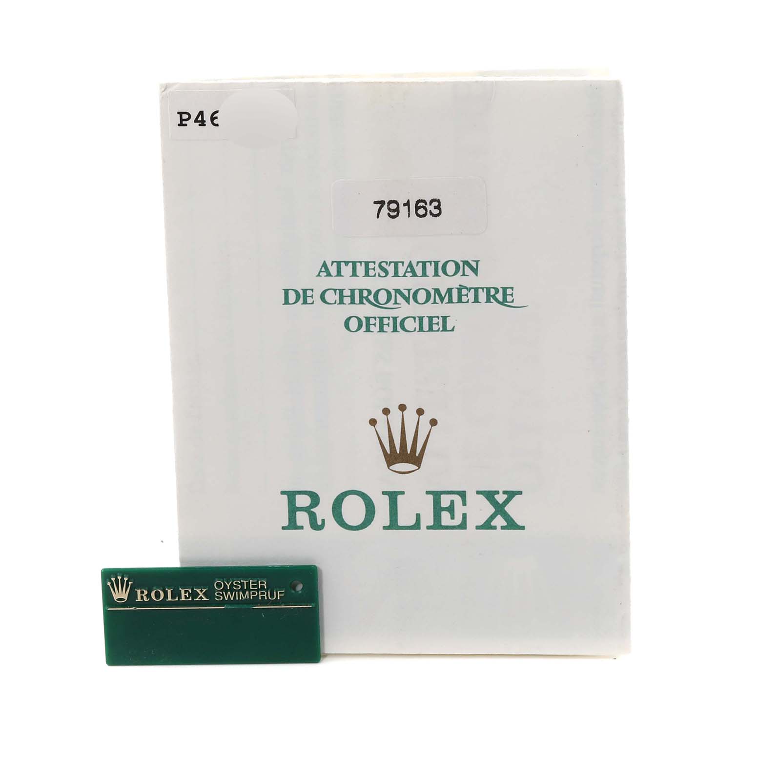 The image shows the official certification card and green "Oyster Swimpruf" tag for the Rolex Datejust 79163 Women's Steel and Gold (two tone) White Dial 79163 Women's Steel and Gold (two tone) White Dial model.