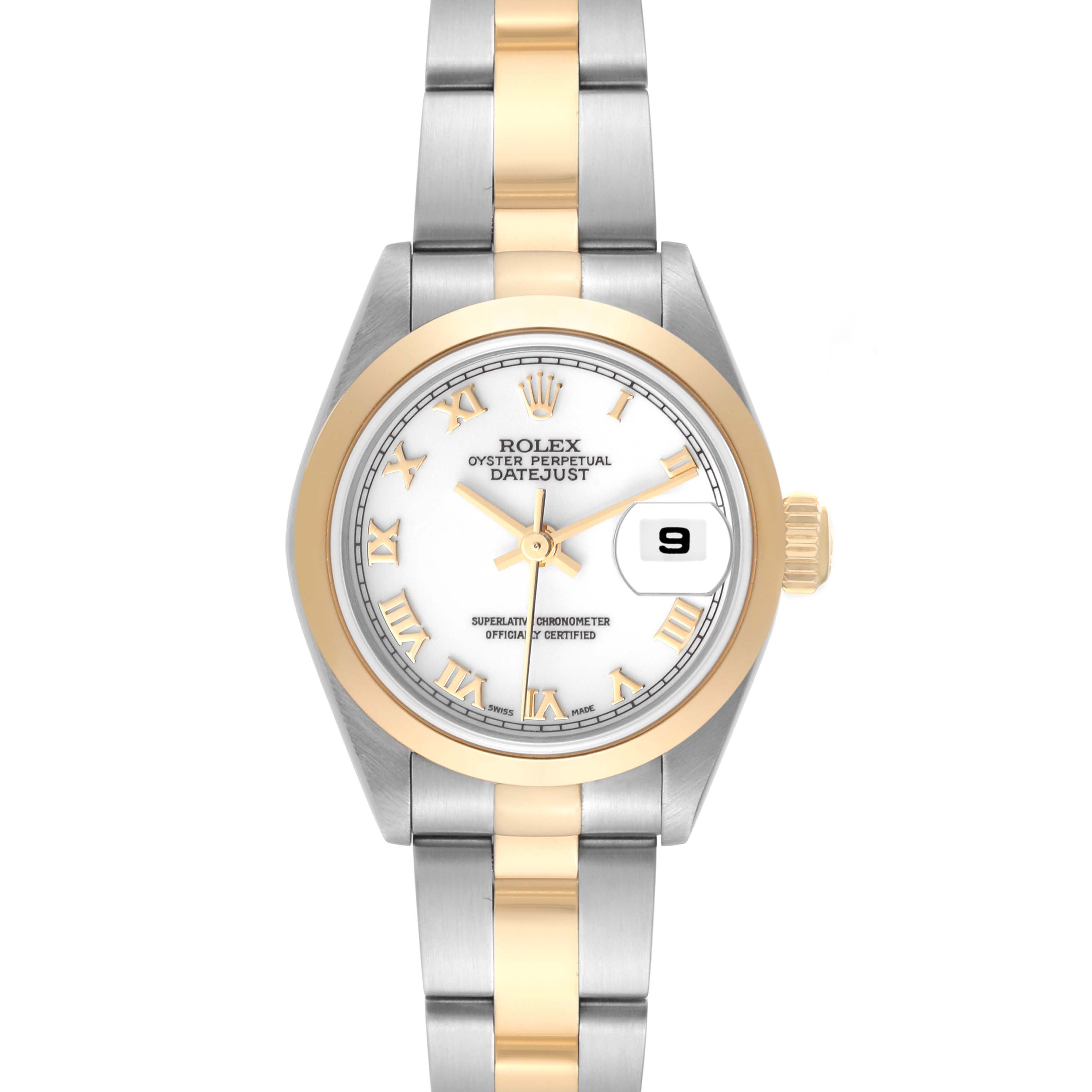 The Rolex Datejust 79163 Women's Steel and Gold (two tone) White Dial 79163 Women's Steel and Gold (two tone) White Dial watch is shown from a top-down angle, displaying the dial, bezel, and bracelet.