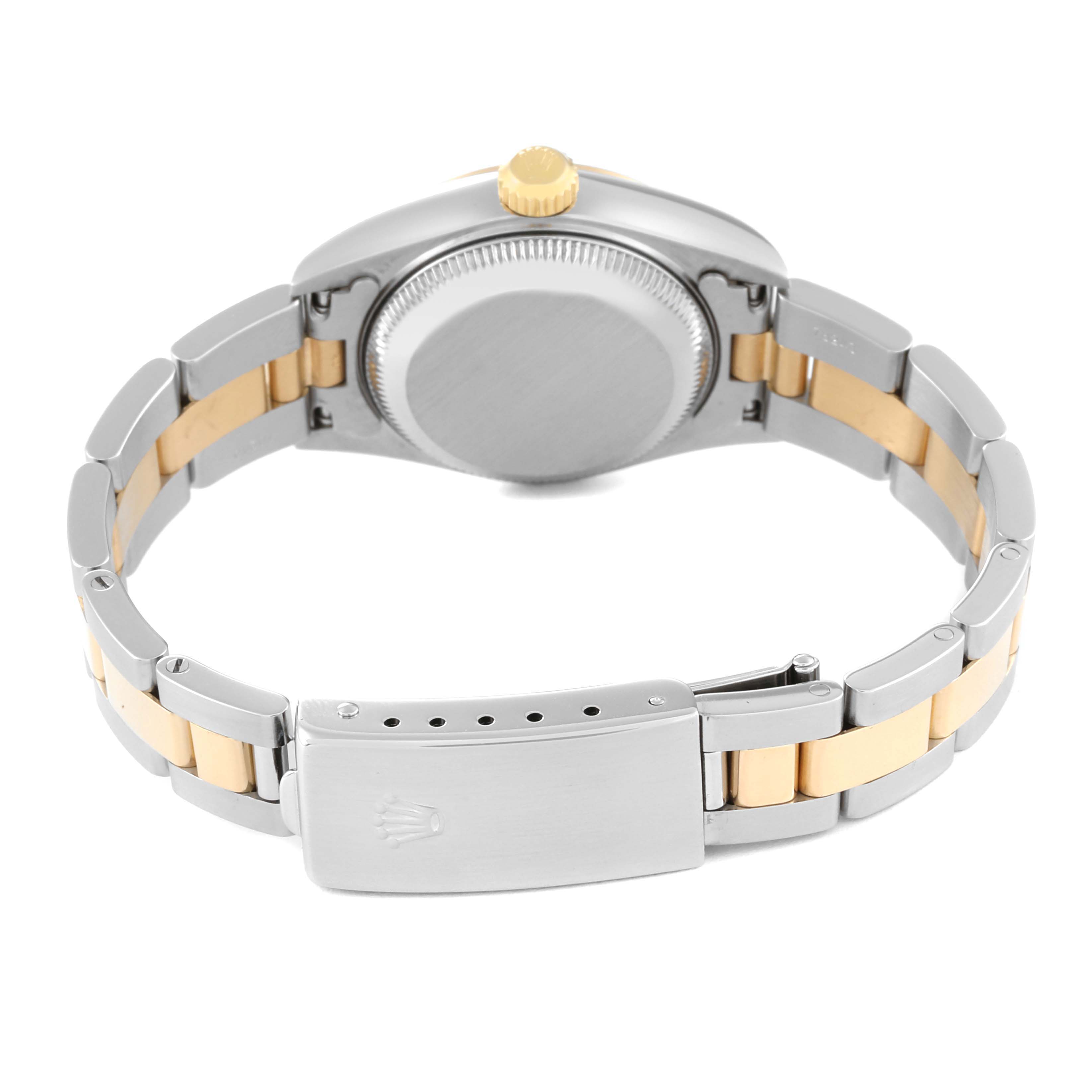 The image shows the back view of a Rolex Datejust 79163 Women's Steel and Gold (two tone) White Dial 79163 Women's Steel and Gold (two tone) White Dial watch, highlighting the case back and the two-tone bracelet with the clasp.