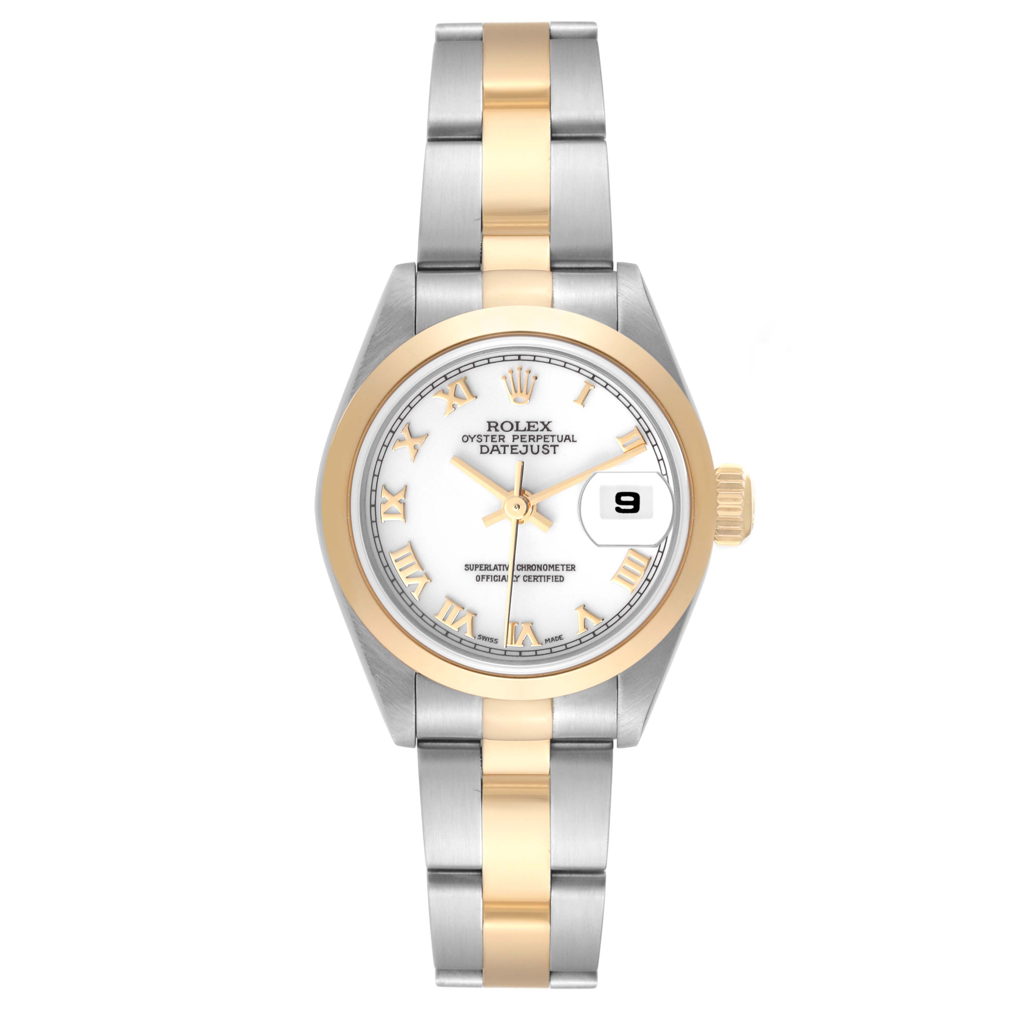 The image shows a front view of a Rolex Datejust 79163 Women's Steel and Gold (two tone) White Dial 79163 Women's Steel and Gold (two tone) White Dial watch featuring a two-tone band and a white dial with a date window.