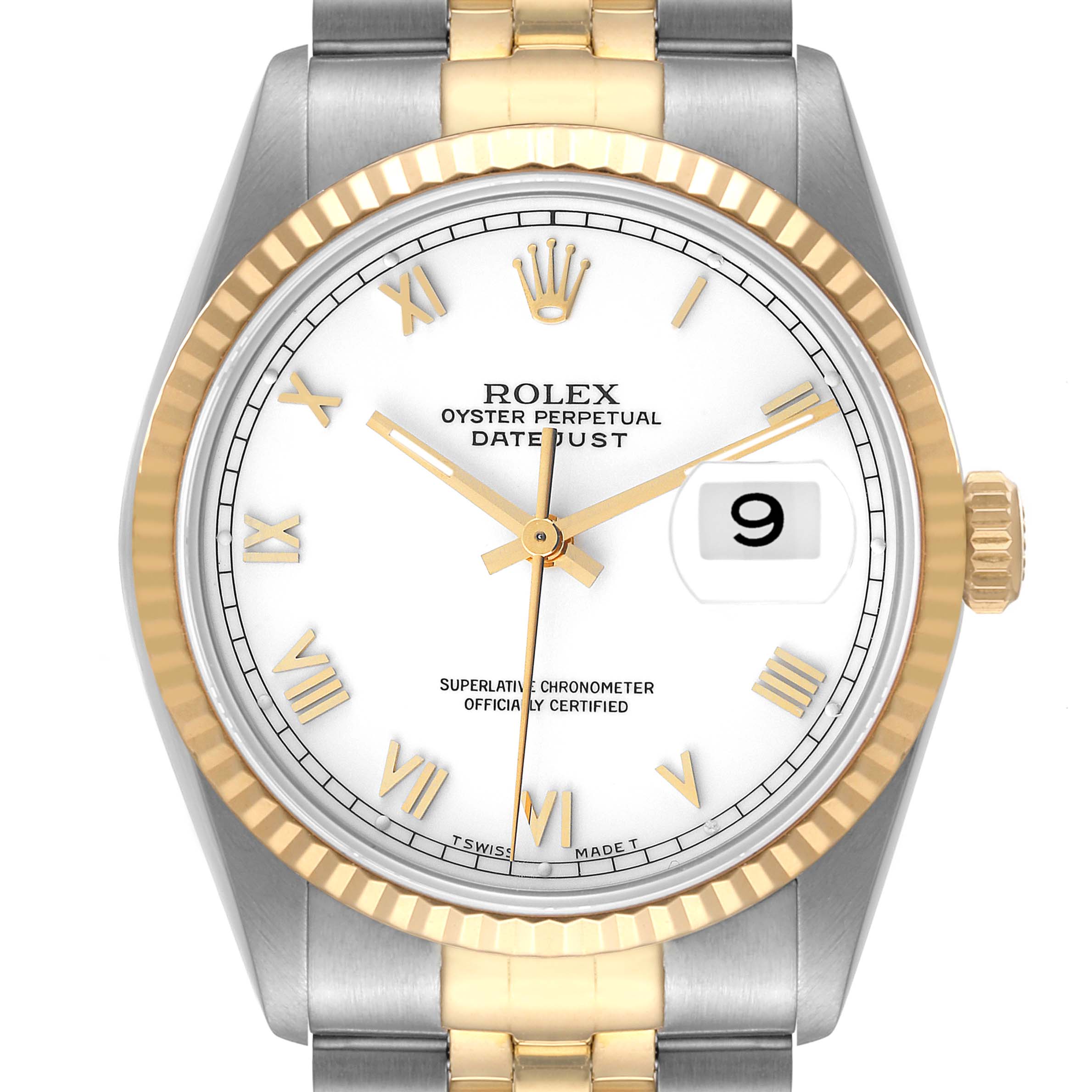 This image shows a Rolex Datejust 16233 Men's Steel and Gold (two tone) White Dial 16233 Men's Steel and Gold (two tone) White Dial watch from a front angle, displaying its dial, bezel, and part of the bracelet.