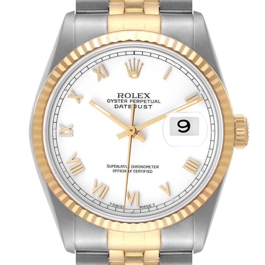 Rolex Datejust Steel Yellow Gold White Dial Mens Watch 16233 Box Papers SwissWatchExpo