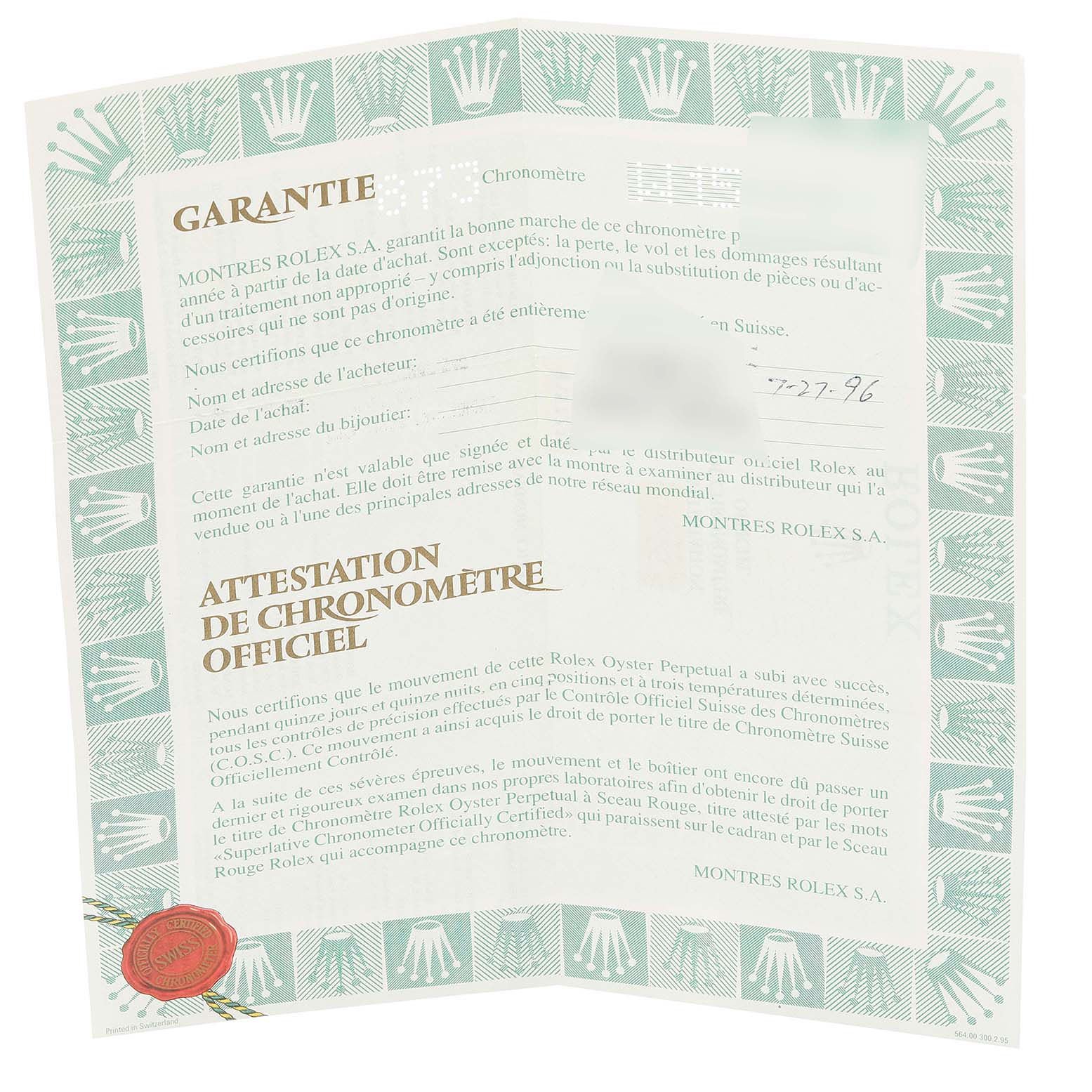 The image shows the warranty and official chronometer certification document for the Rolex Datejust 16233 Men's Steel and Gold (two tone) White Dial 16233 Men's Steel and Gold (two tone) White Dial model.