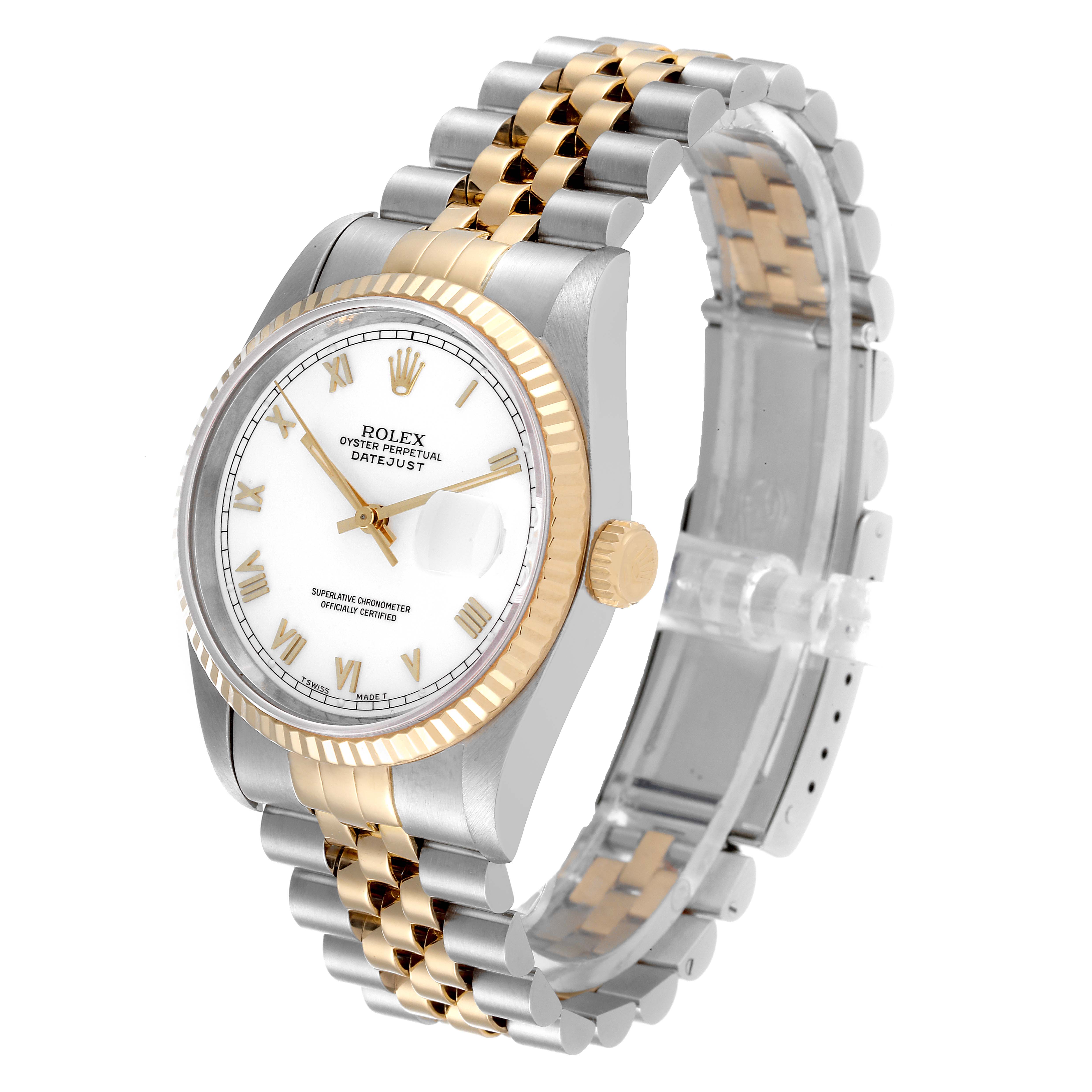 The Rolex Datejust 16233 Men's Steel and Gold (two tone) White Dial 16233 Men's Steel and Gold (two tone) White Dial watch is shown at a front-left angle, displaying the dial, crown, and two-tone bracelet.