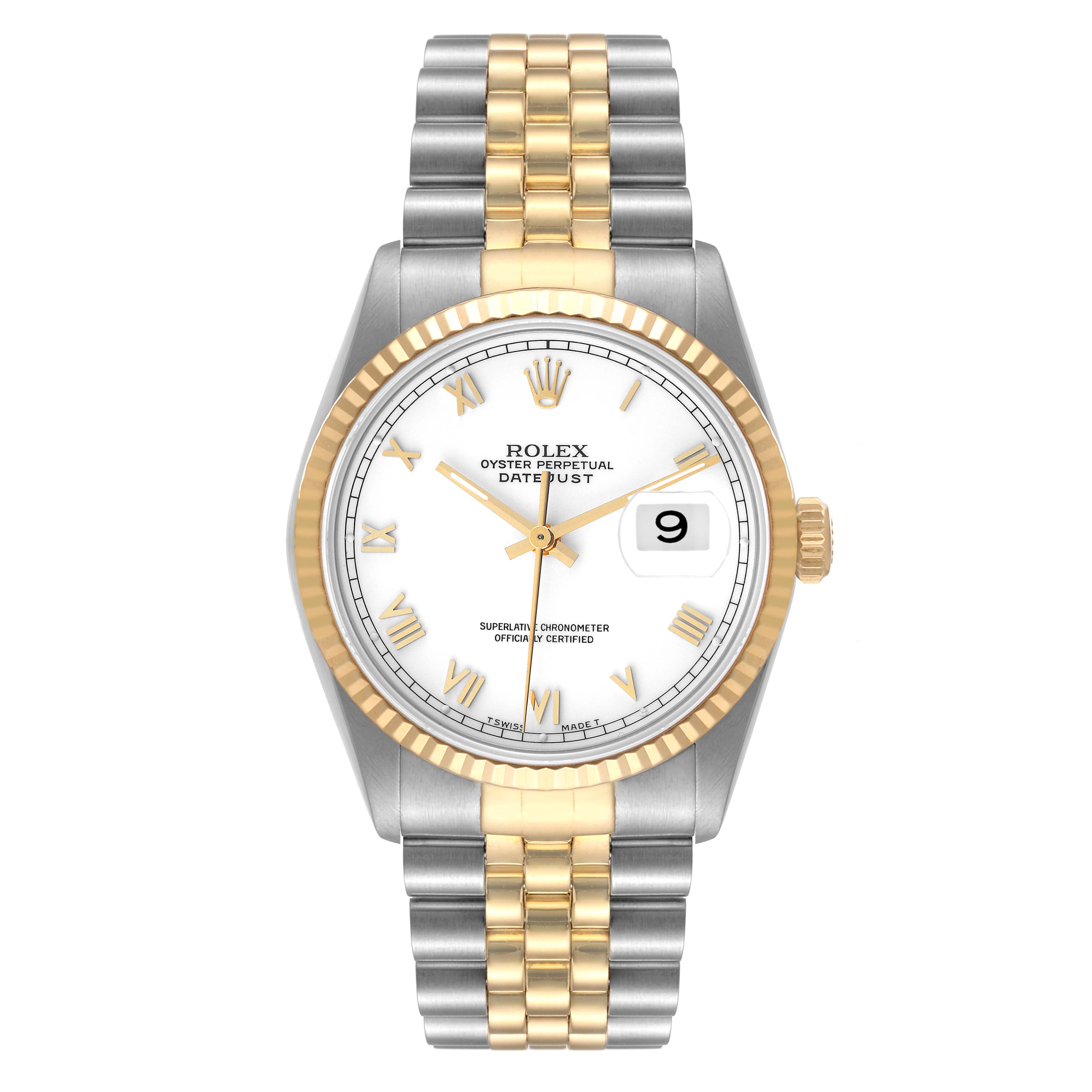 This image shows a front angle of a Rolex Datejust 16233 Men's Steel and Gold (two tone) White Dial 16233 Men's Steel and Gold (two tone) White Dial watch, highlighting its dial, bezel, and Jubilee bracelet.