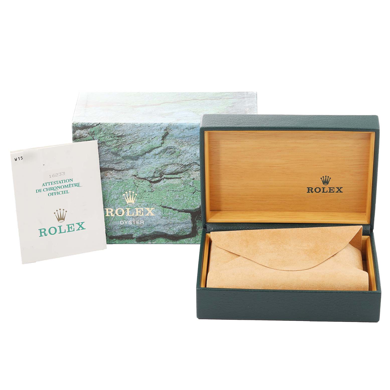 An open Rolex Datejust 16233 Men's Steel and Gold (two tone) White Dial 16233 Men's Steel and Gold (two tone) White Dial box with a green exterior and beige interior is shown, along with an accompanying certificate booklet.