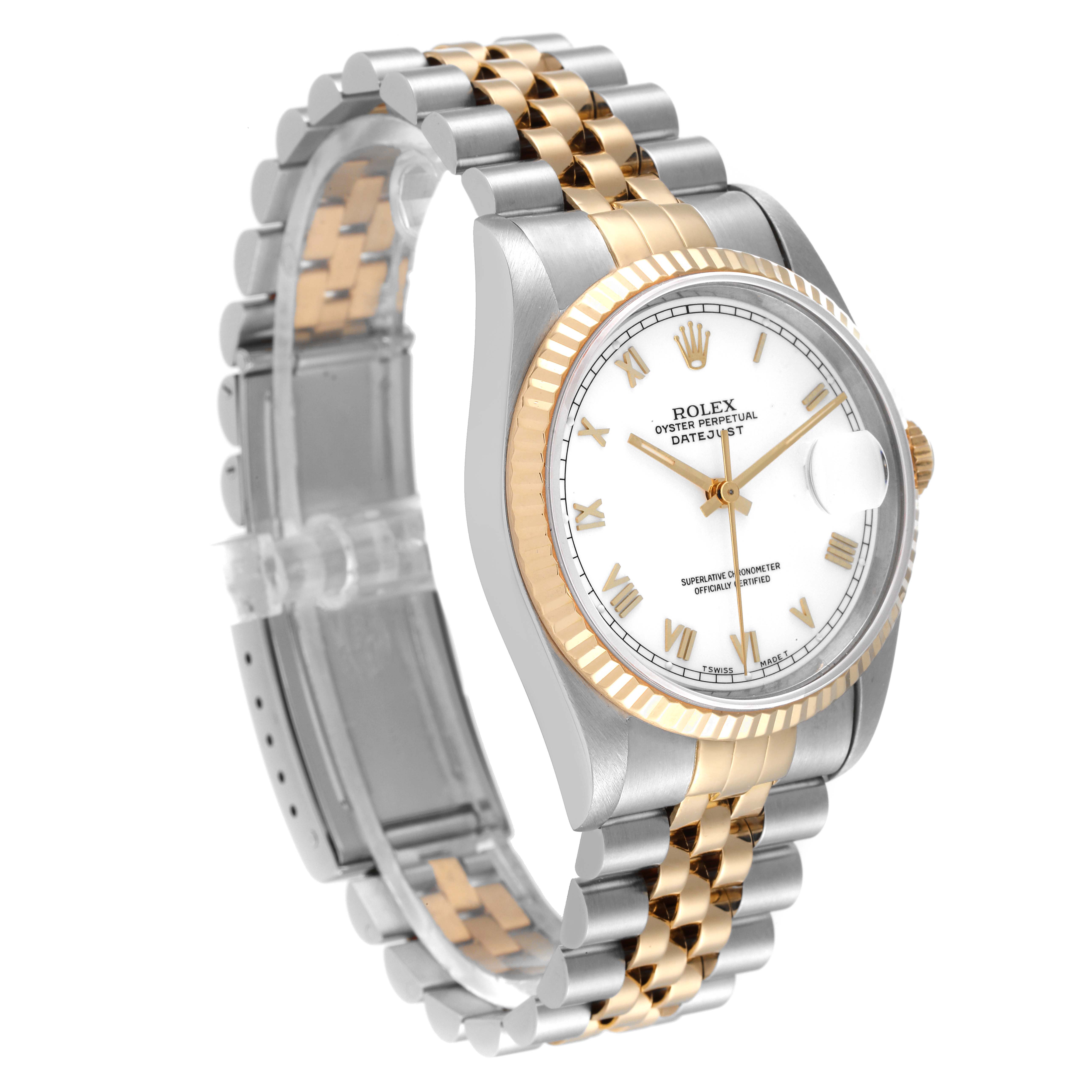 The image shows a Rolex Datejust 16233 Men's Steel and Gold (two tone) White Dial 16233 Men's Steel and Gold (two tone) White Dial watch at a slight side angle, highlighting the face, two-tone bracelet, and fluted bezel.