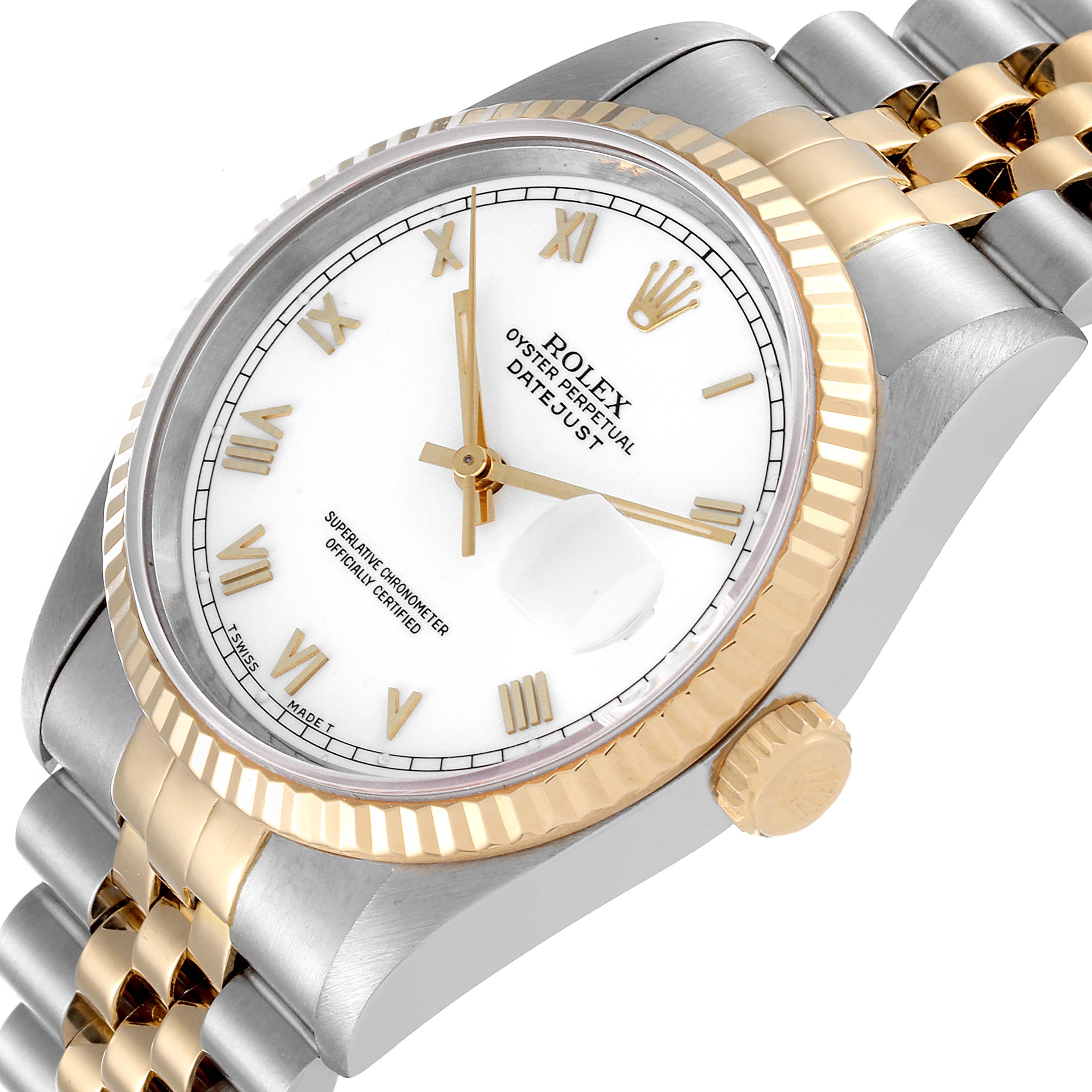 This Rolex Datejust 16233 Men's Steel and Gold (two tone) White Dial 16233 Men's Steel and Gold (two tone) White Dial watch is shown at a three-quarter angle, displaying the face, bezel, crown, and part of the bracelet.