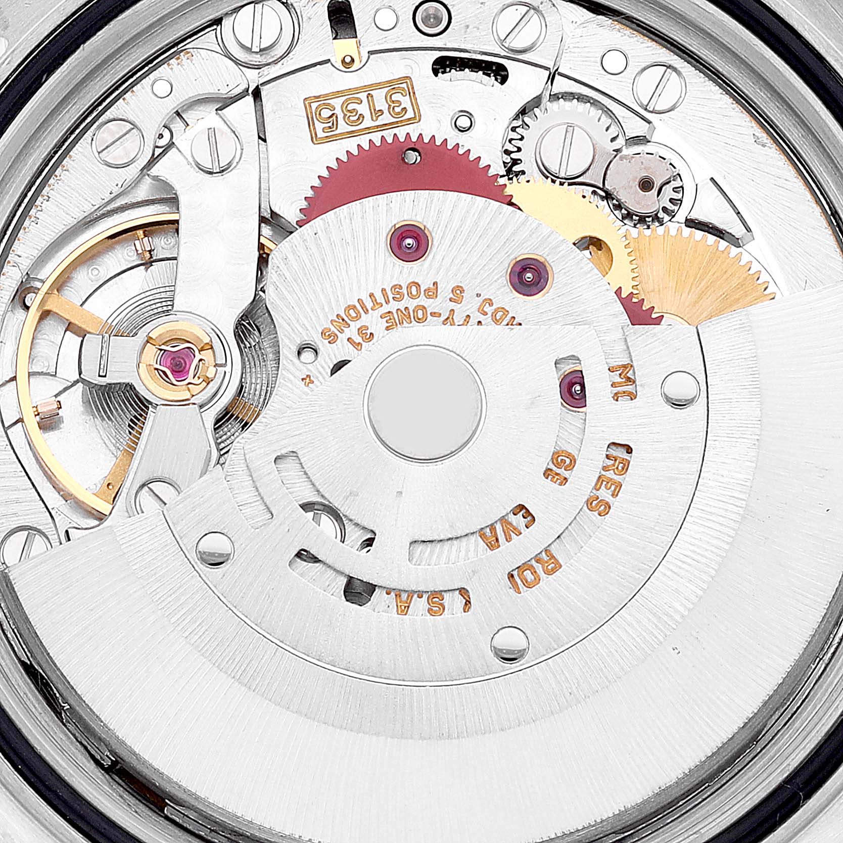 The image shows the internal mechanism and components of a Rolex Datejust 16233 Men's Steel and Gold (two tone) White Dial 16233 Men's Steel and Gold (two tone) White Dial watch, viewed from the back.