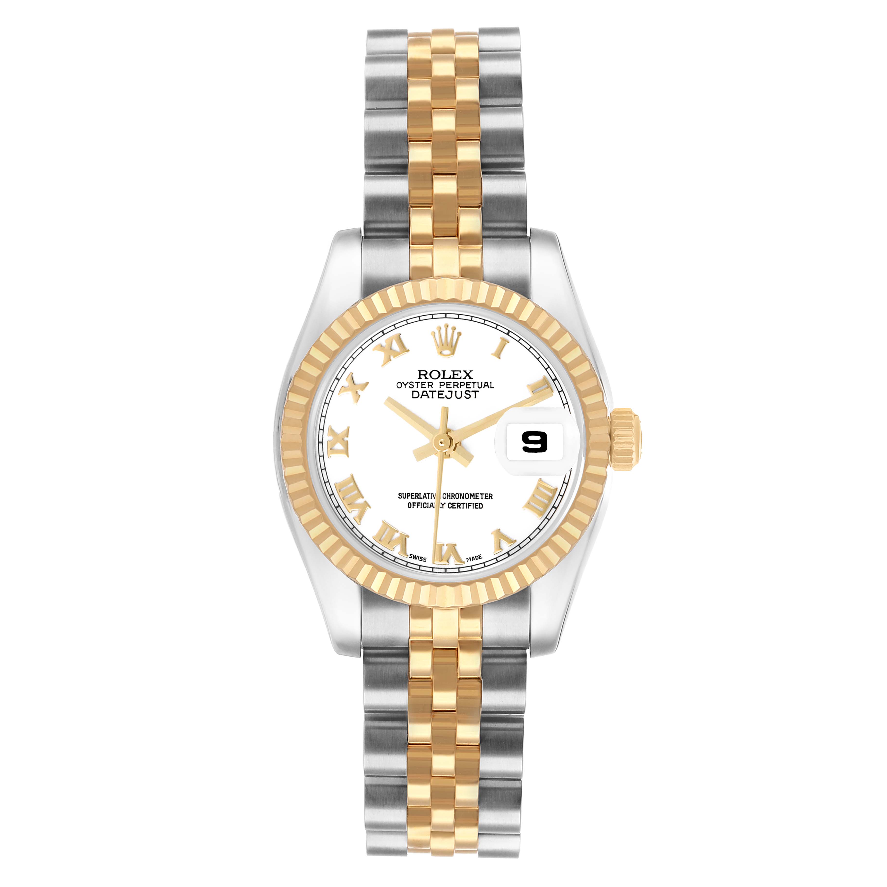 The Rolex Datejust 179173 Women's Steel and Gold (two tone) White Dial watch is shown from the front, displaying the dial, bezel, and two-tone bracelet.