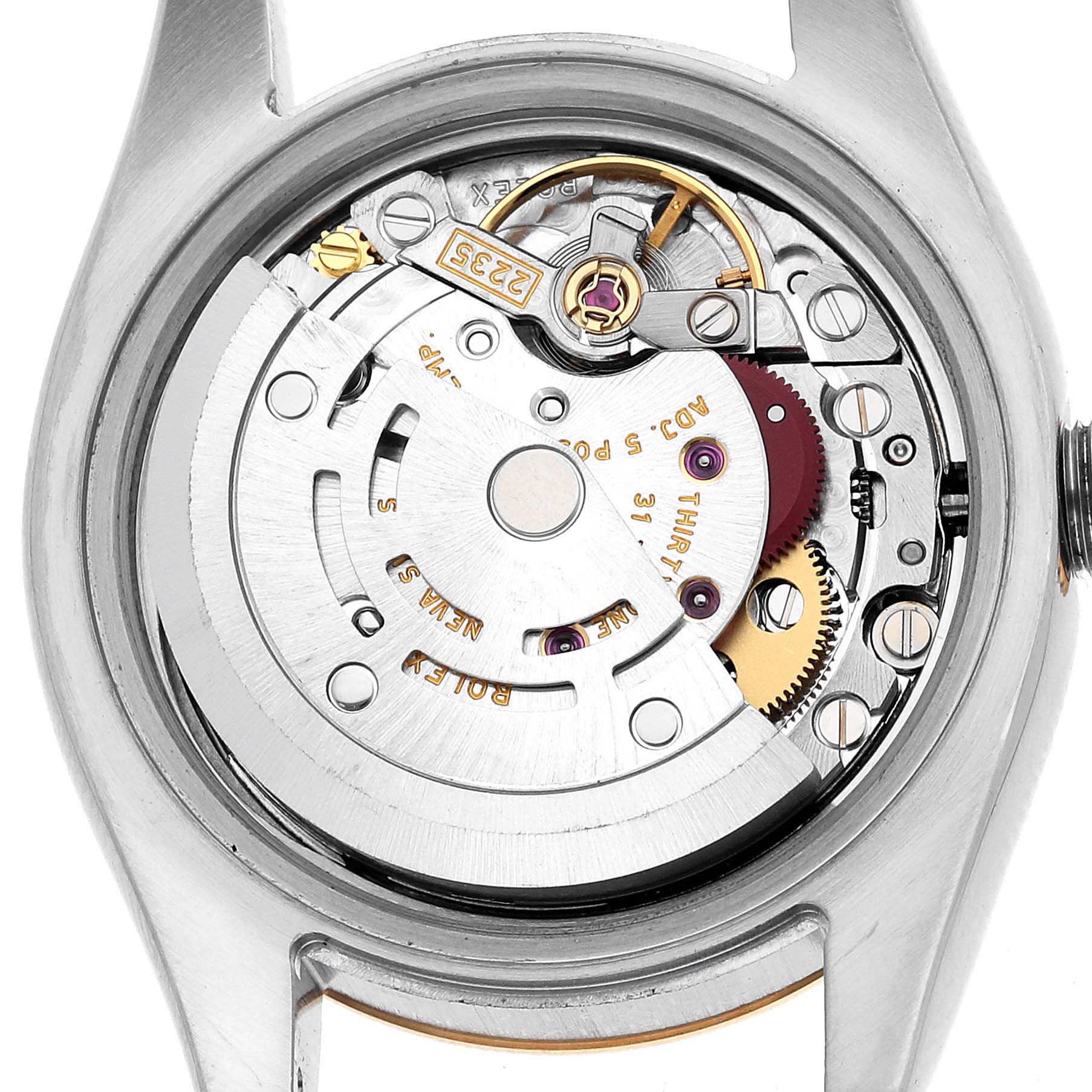 This image shows the movement of a Rolex Datejust 179173 Women's Steel and Gold (two tone) White Dial from a case back angle, highlighting the intricate internal components.