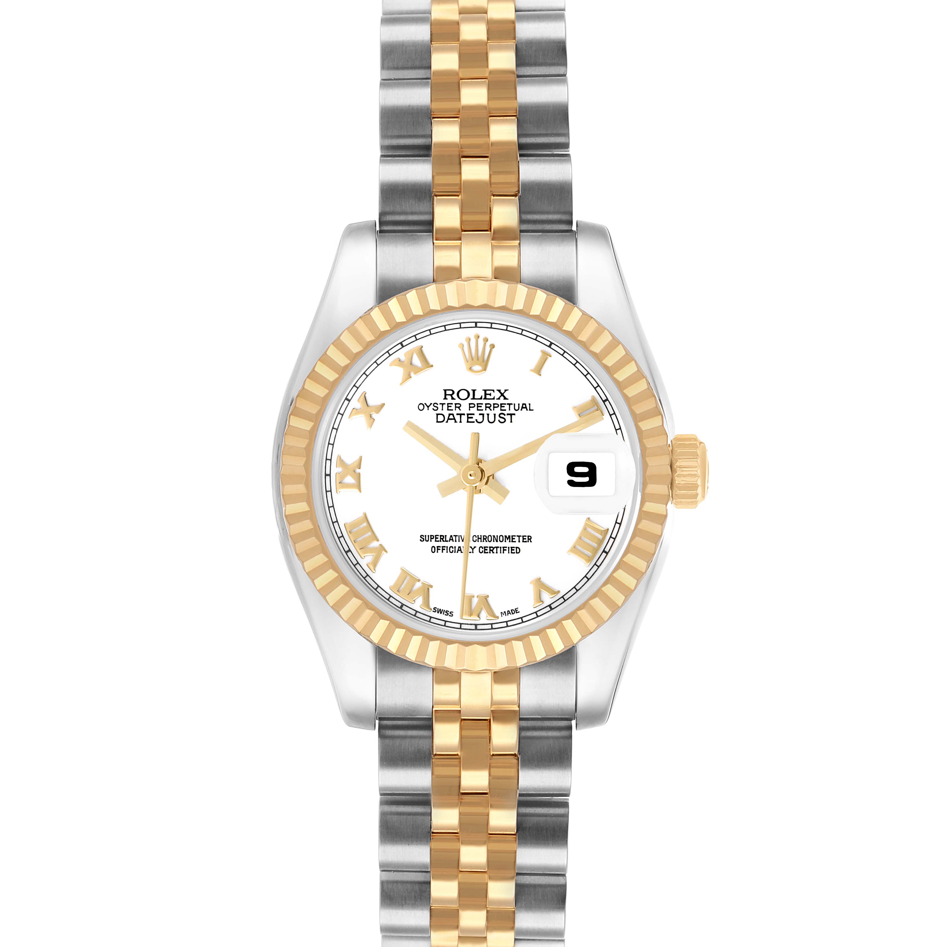 The Rolex Datejust 179173 Women's Steel and Gold (two tone) White Dial watch is shown from a front angle, highlighting the dial, bezel, and two-tone bracelet.