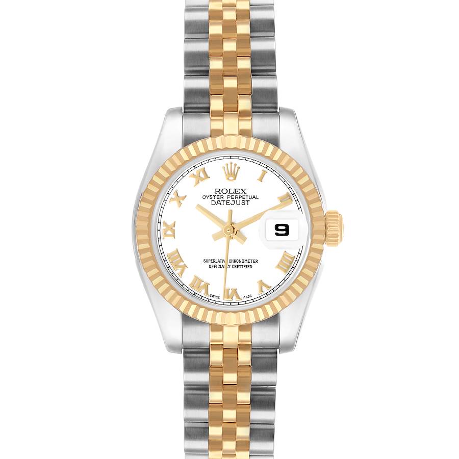 The Rolex Datejust 179173 Women's Steel and Gold (two tone) White Dial watch is shown from a front angle, highlighting the dial, bezel, and two-tone bracelet.