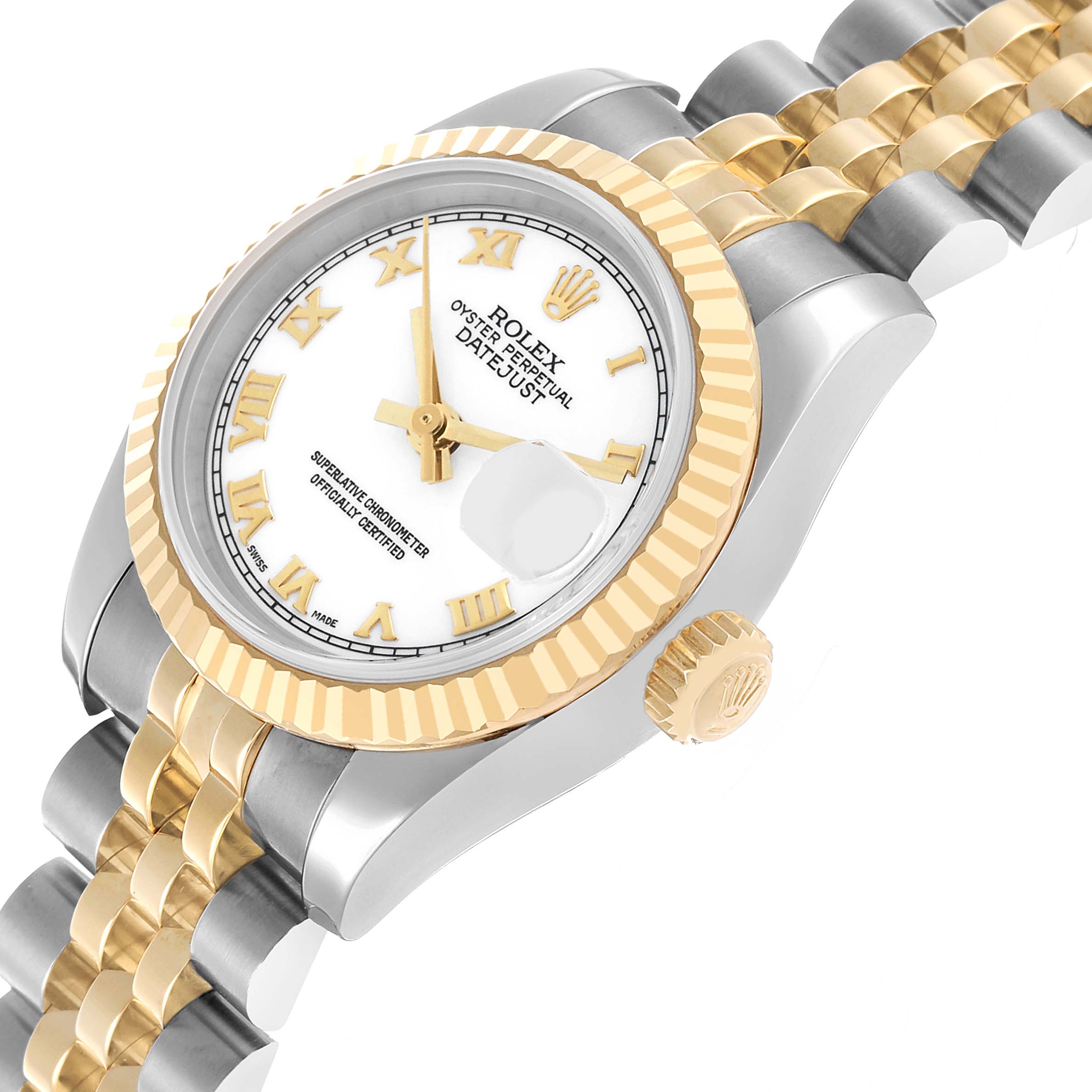 The Rolex Datejust 179173 Women's Steel and Gold (two tone) White Dial watch is shown at an angle highlighting the dial, fluted bezel, crown, and part of the two-tone bracelet.