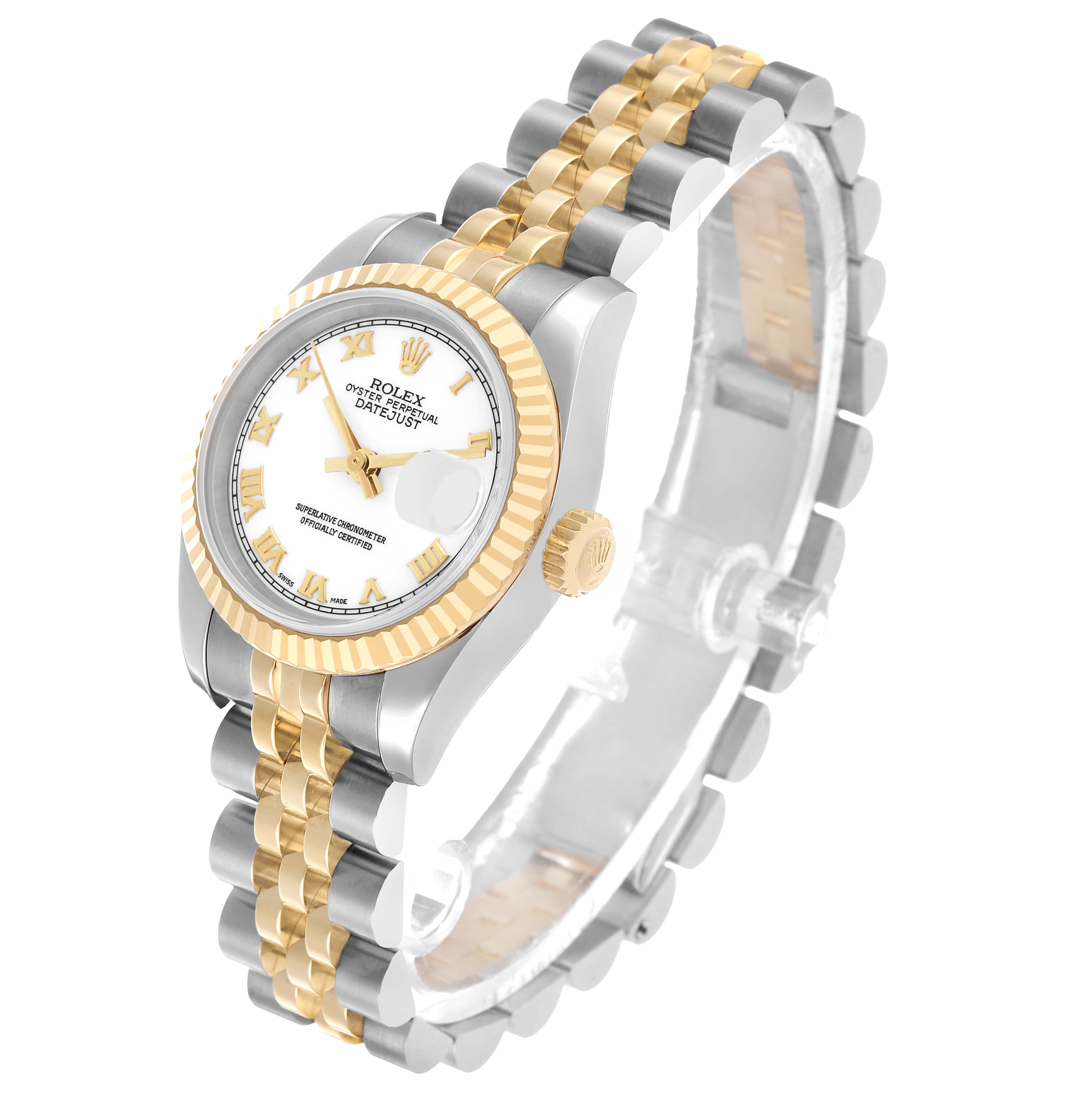 The Rolex Datejust 179173 Women's Steel and Gold (two tone) White Dial watch is shown at an angled top view, highlighting the bezel, dial, crown, and two-tone bracelet.