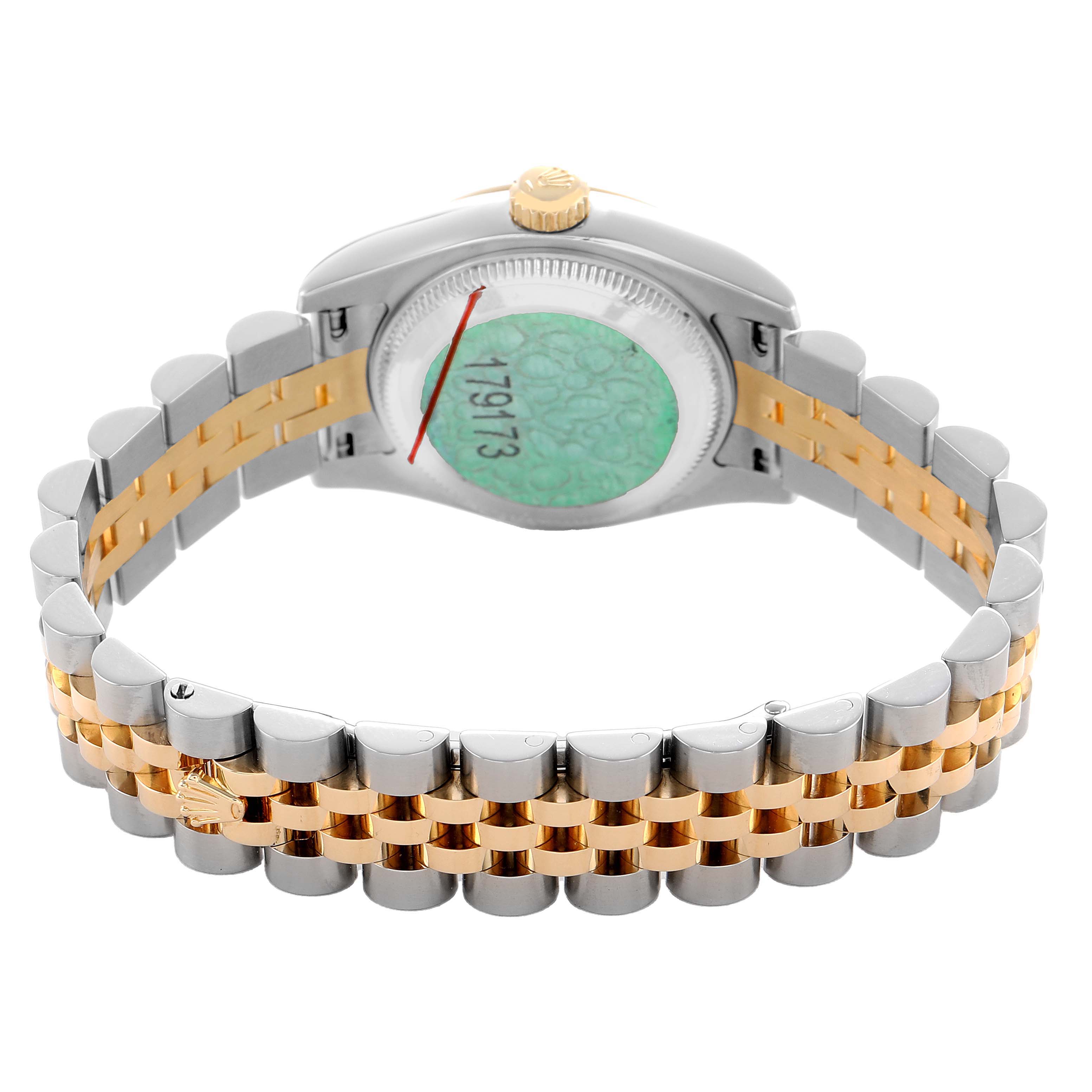 The image shows the back and bracelet of the Rolex Datejust 179173 Women's Steel and Gold (two tone) White Dial, highlighting its two-tone metal design and crown.
