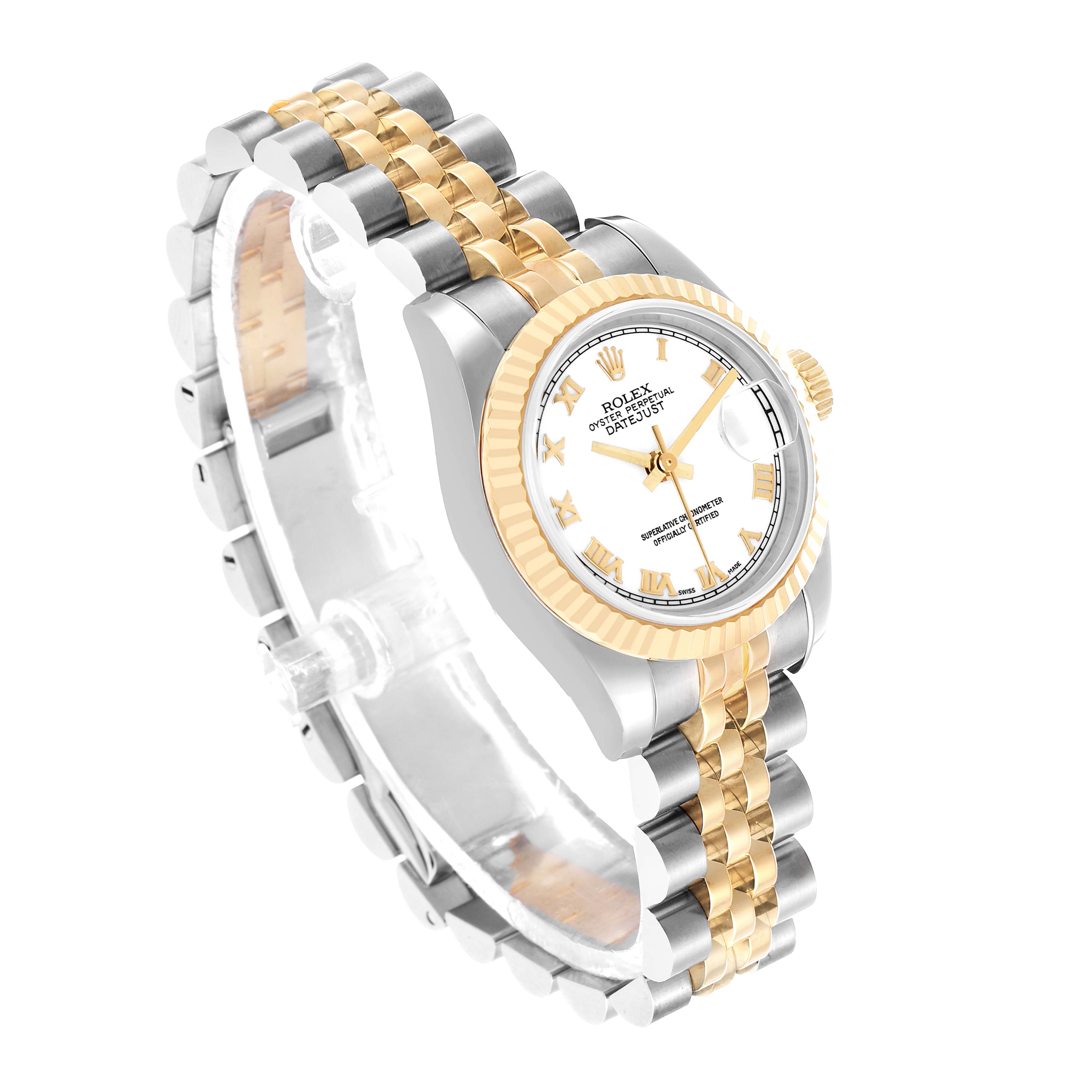 The Rolex Datejust 179173 Women's Steel and Gold (two tone) White Dial is shown at a slight angle, highlighting the two-tone bracelet, white dial, and fluted bezel.