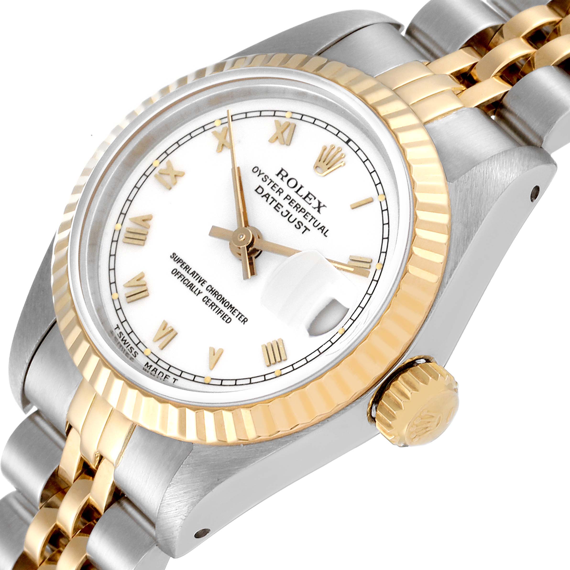 The image shows a close-up side angle of a Rolex Datejust 69173 Women's Steel and Gold (two tone) White Dial 69173 Women's Steel and Gold (two tone) White Dial watch, highlighting the face, bezel, crown, and part of the bracelet.