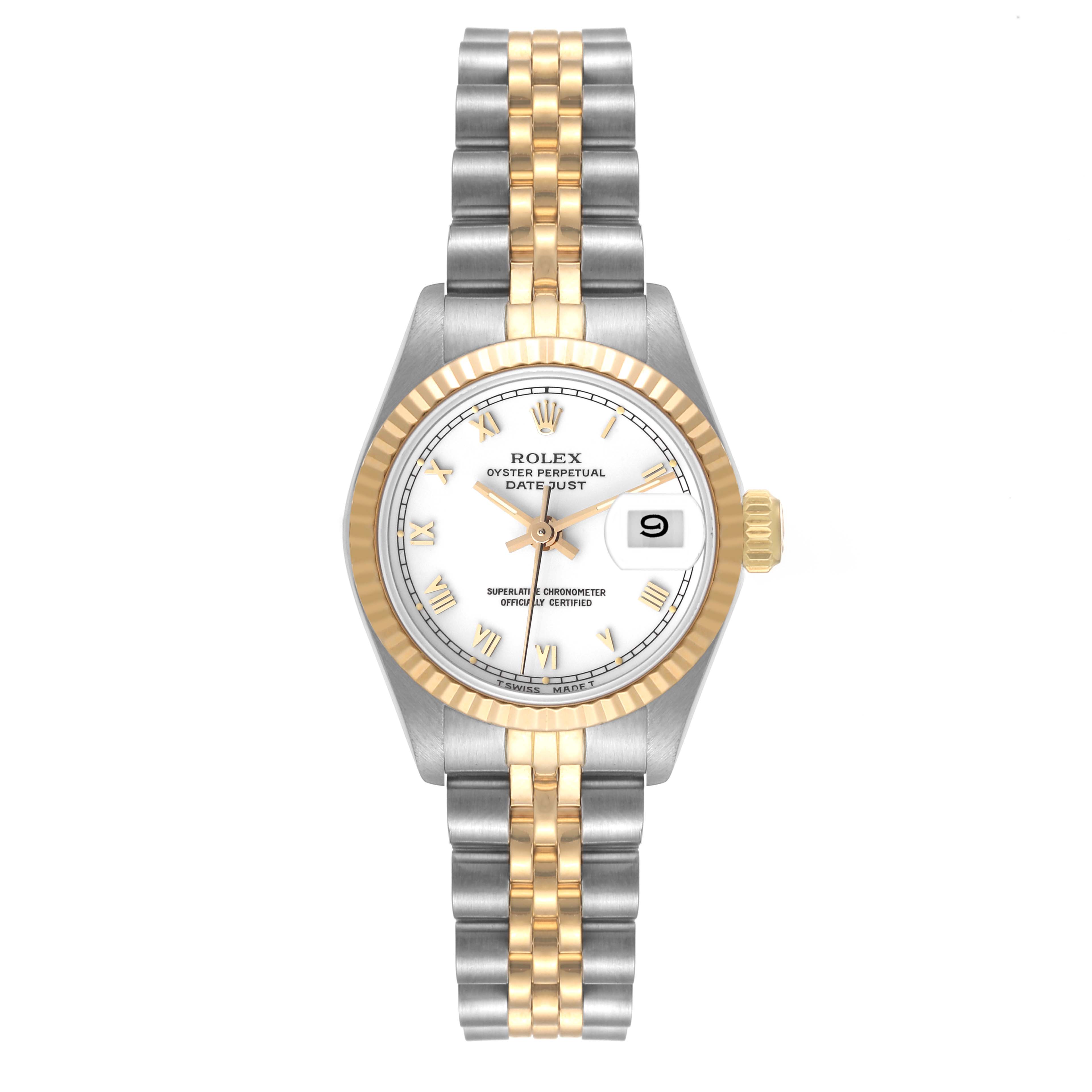 This image shows a Rolex Datejust 69173 Women's Steel and Gold (two tone) White Dial 69173 Women's Steel and Gold (two tone) White Dial watch from a straight-on angle, highlighting its two-tone bracelet and fluted bezel.