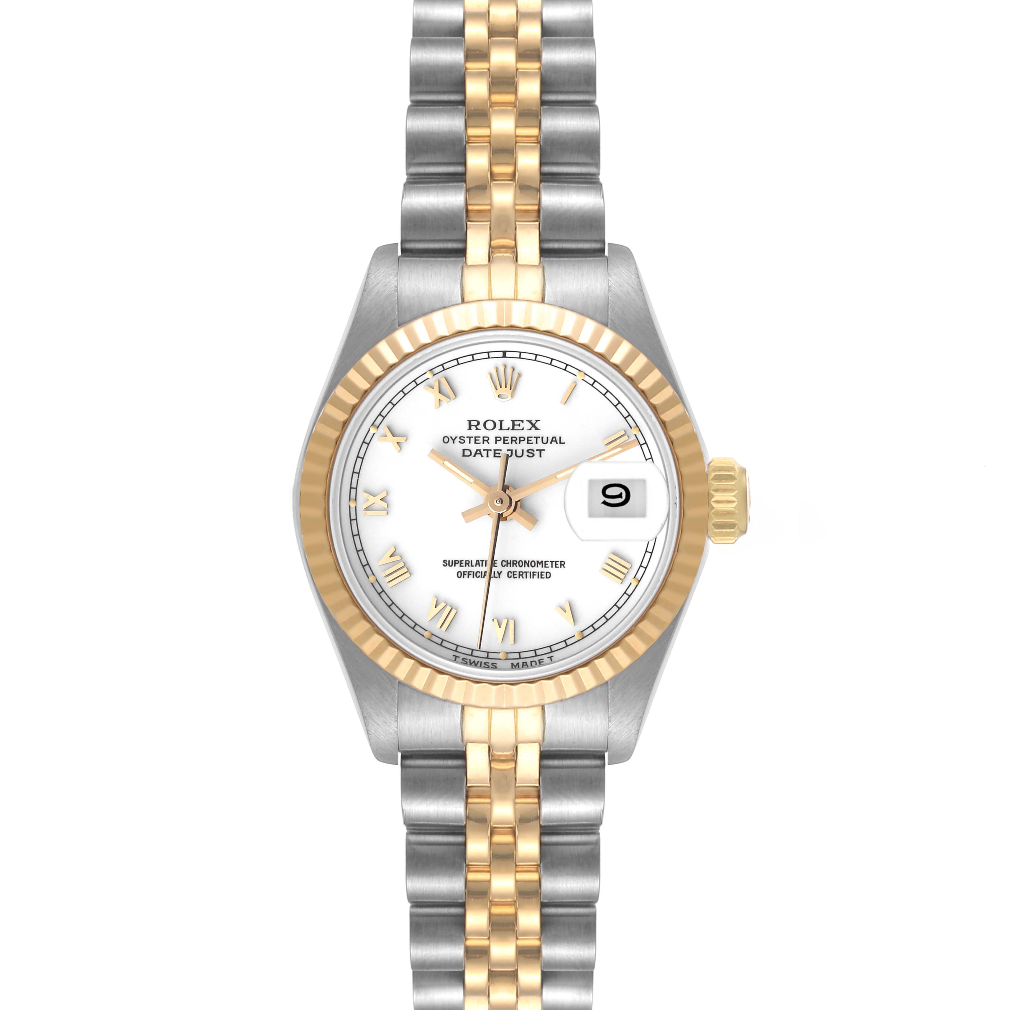 The image shows a frontal view of the Rolex Datejust 69173 Women's Steel and Gold (two tone) White Dial 69173 Women's Steel and Gold (two tone) White Dial watch, highlighting its case, bezel, dial, and bracelet.