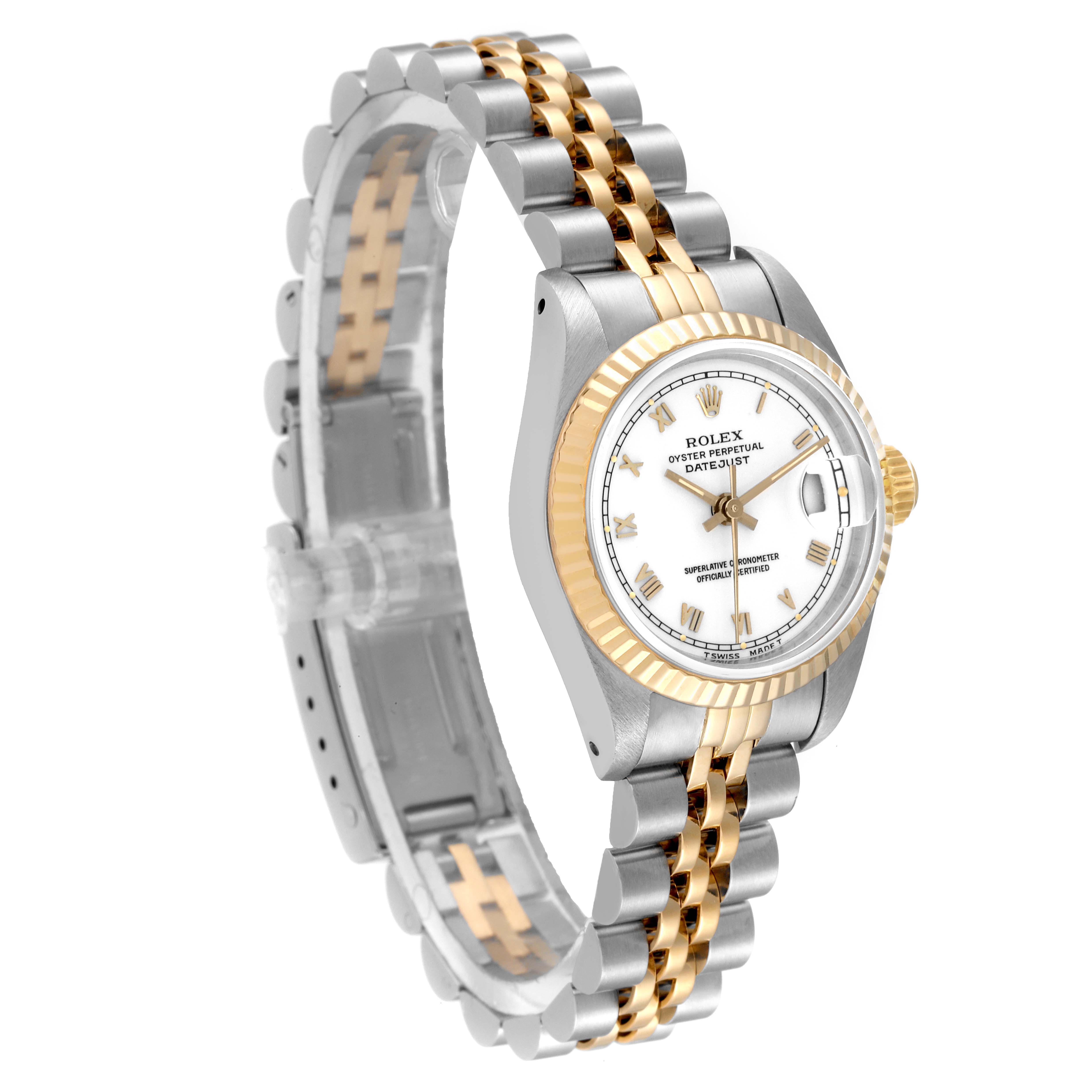 This Rolex Datejust 69173 Women's Steel and Gold (two tone) White Dial 69173 Women's Steel and Gold (two tone) White Dial watch is shown at a slight angle, displaying its two-tone band, fluted bezel, and white dial with Roman numerals.