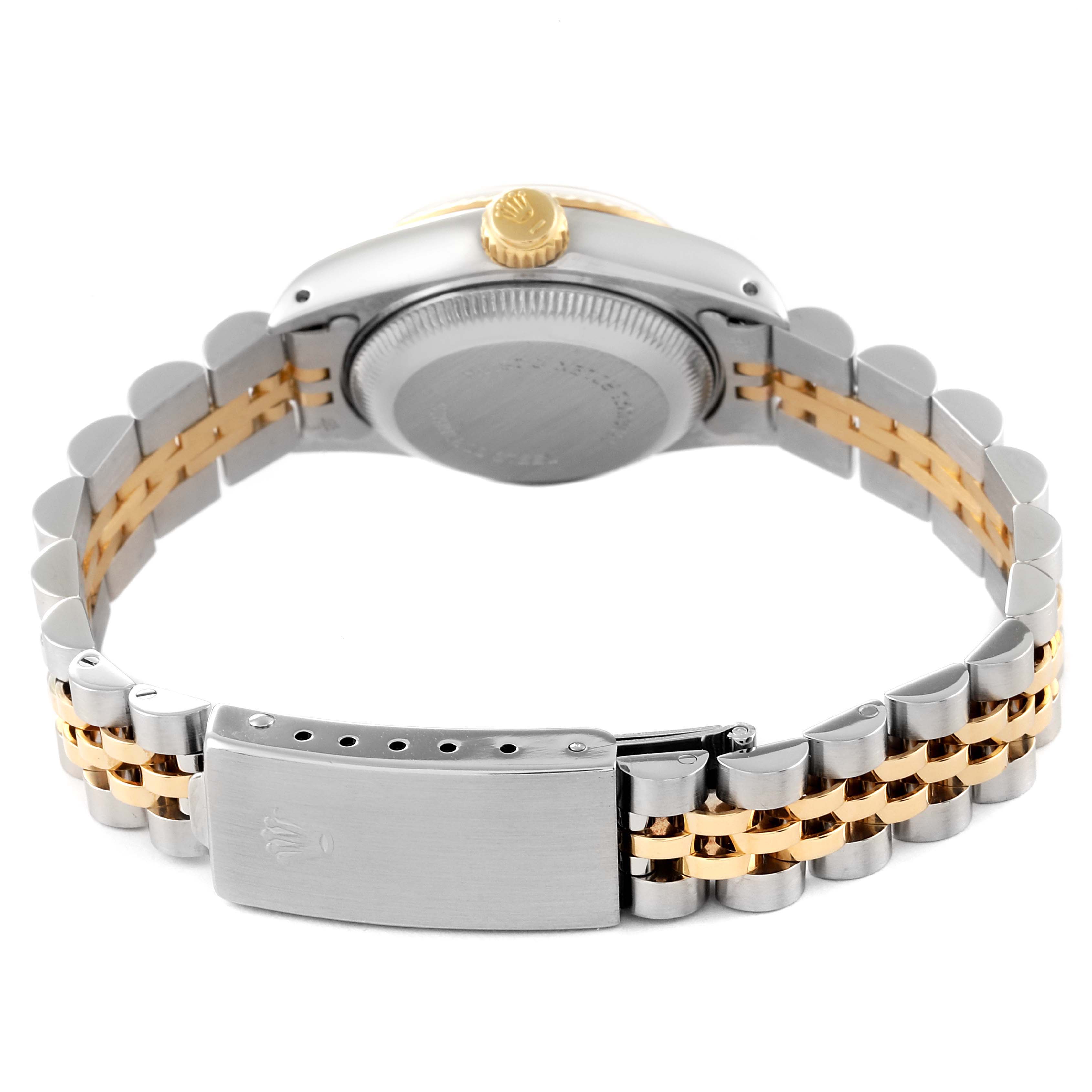 This is a rear view of a Rolex Datejust 69173 Women's Steel and Gold (two tone) White Dial 69173 Women's Steel and Gold (two tone) White Dial watch, showing the clasp, bracelet, case back, and crown.