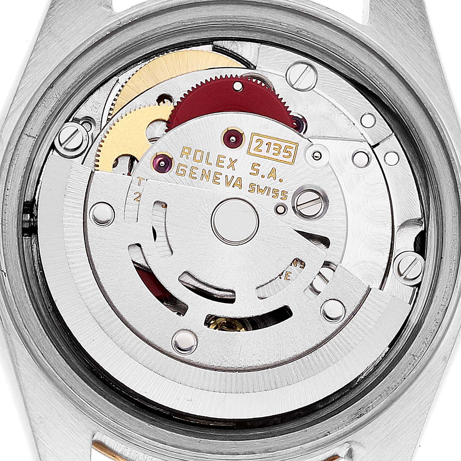 This image shows the movement of a Rolex Datejust 69173 Women's Steel and Gold (two tone) White Dial 69173 Women's Steel and Gold (two tone) White Dial watch from an overhead view, highlighting its internal gears and components.