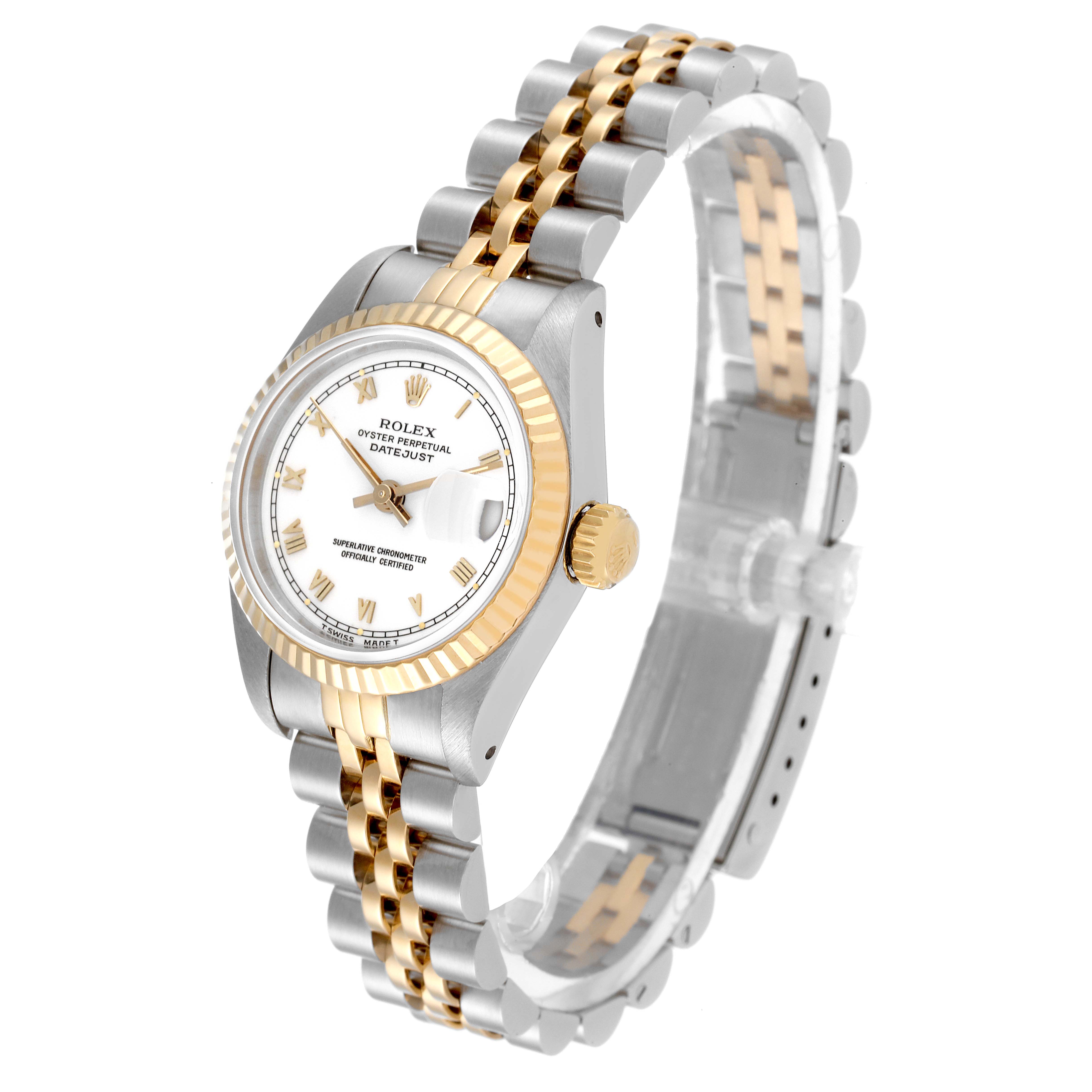 The Rolex Datejust 69173 Women's Steel and Gold (two tone) White Dial 69173 Women's Steel and Gold (two tone) White Dial watch is shown at a slight side angle, displaying the dial, crown, and part of the bracelet.