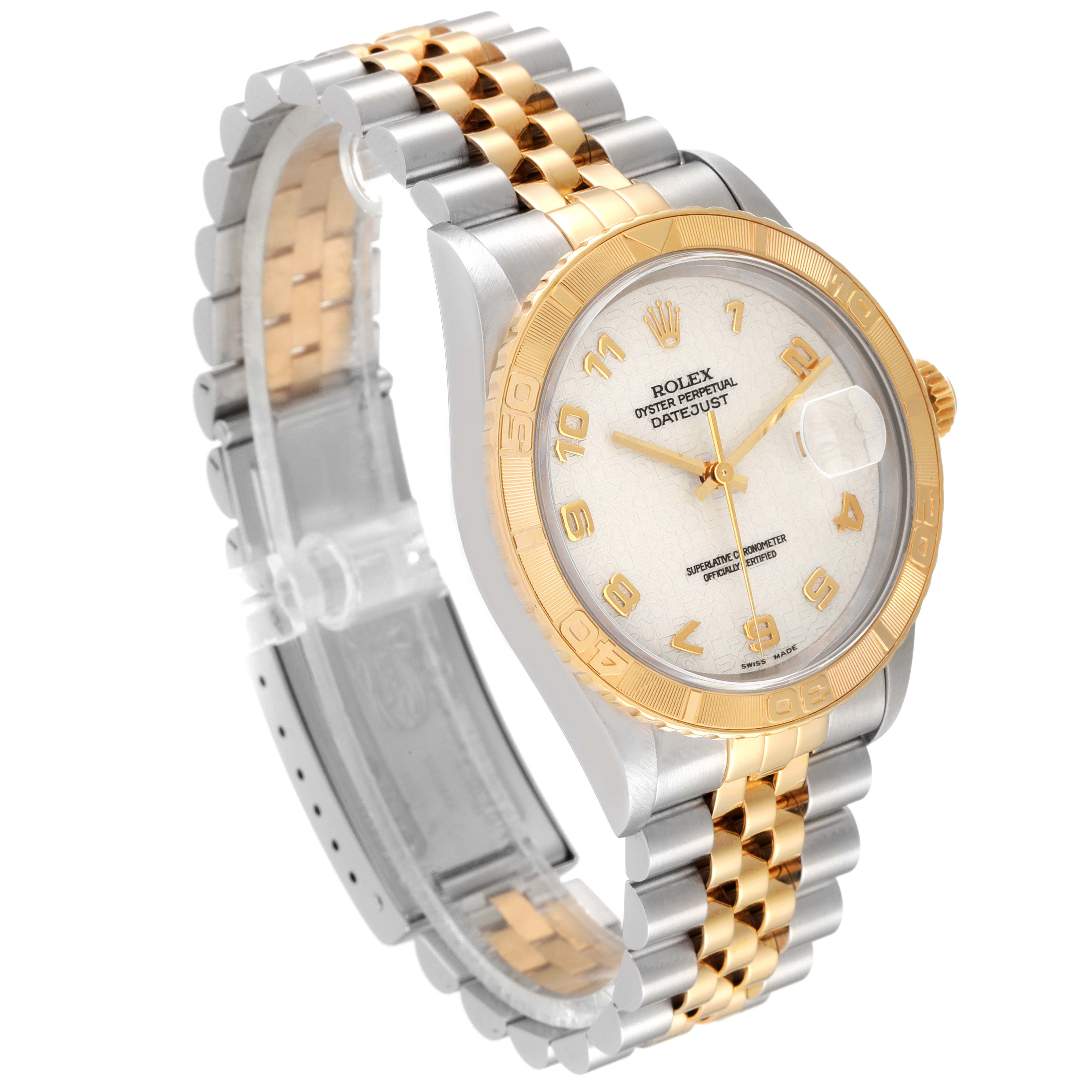 The Rolex Turn-o-Graph 16263 Men
s Steel and Gold (two tone) Beige Dial 16263 Men
s Steel and Gold (two tone) Beige Dial watch is shown at a three-quarter angle, displaying its dial, bezel, bracelet, and clasp.