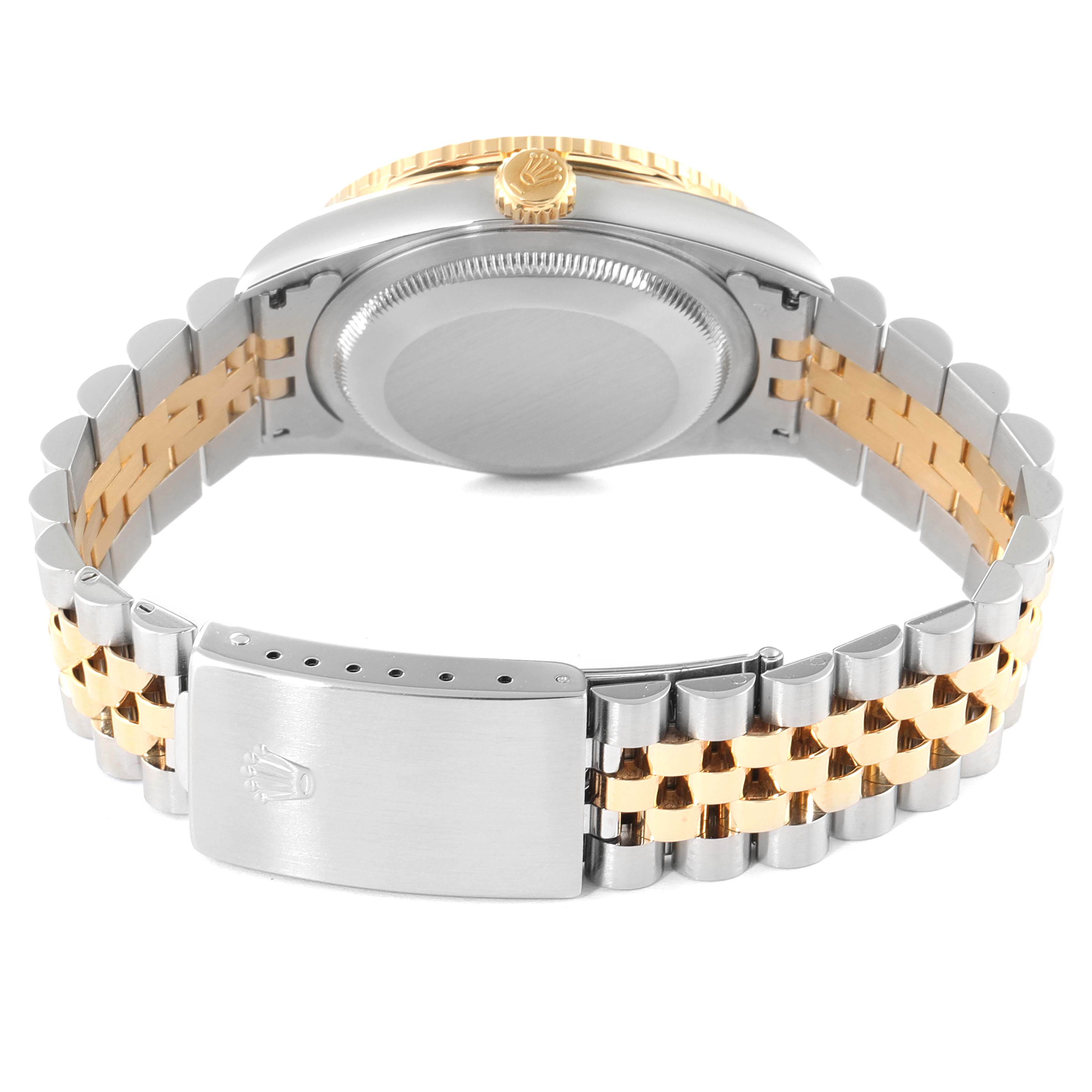 This image shows the back view of a Rolex Turn-o-Graph 16263 Men
s Steel and Gold (two tone) Beige Dial 16263 Men
s Steel and Gold (two tone) Beige Dial watch, including the buckle, case back, and bracelet.