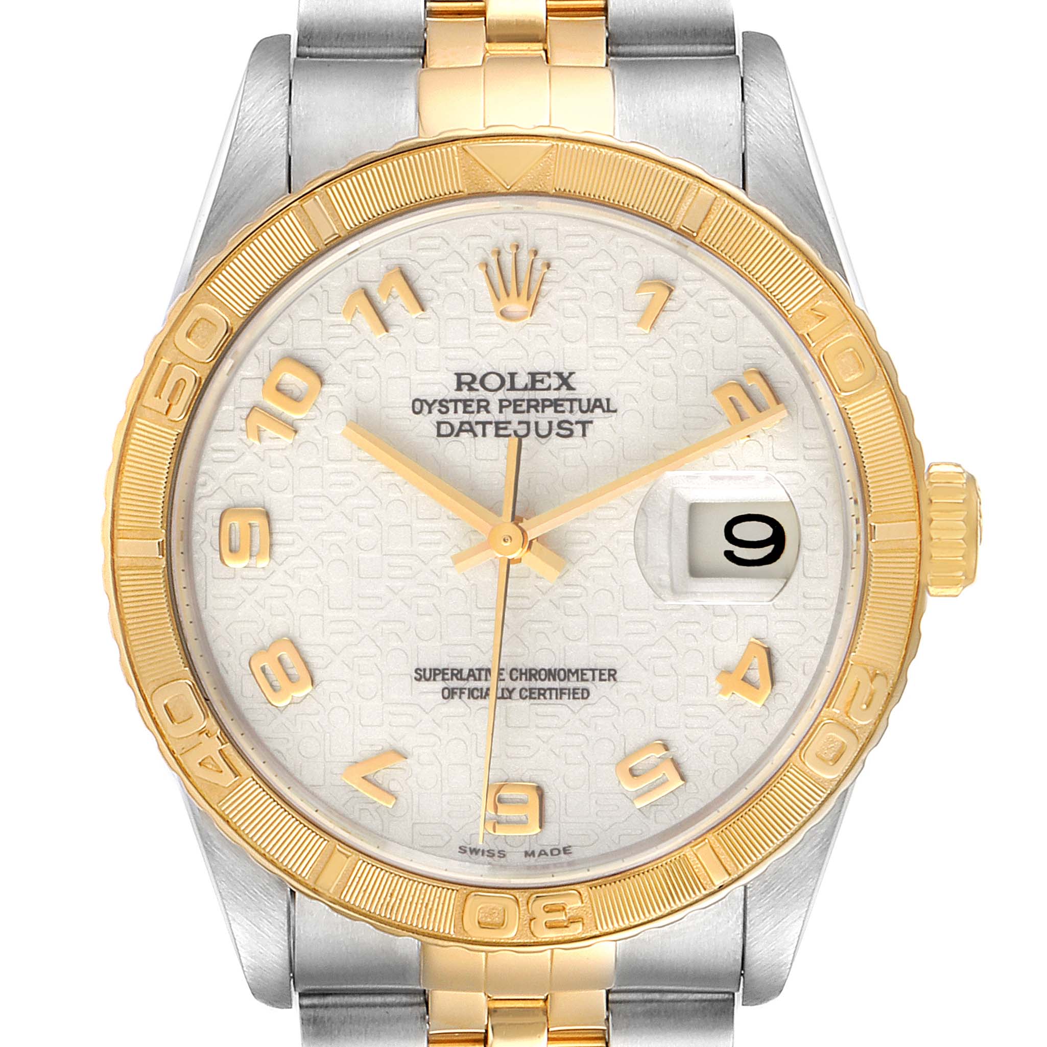 This image shows a front view of the Rolex Turn-o-Graph 16263 Men
s Steel and Gold (two tone) Beige Dial 16263 Men
s Steel and Gold (two tone) Beige Dial watch, highlighting its gold bezel, dial, and part of the bracelet.