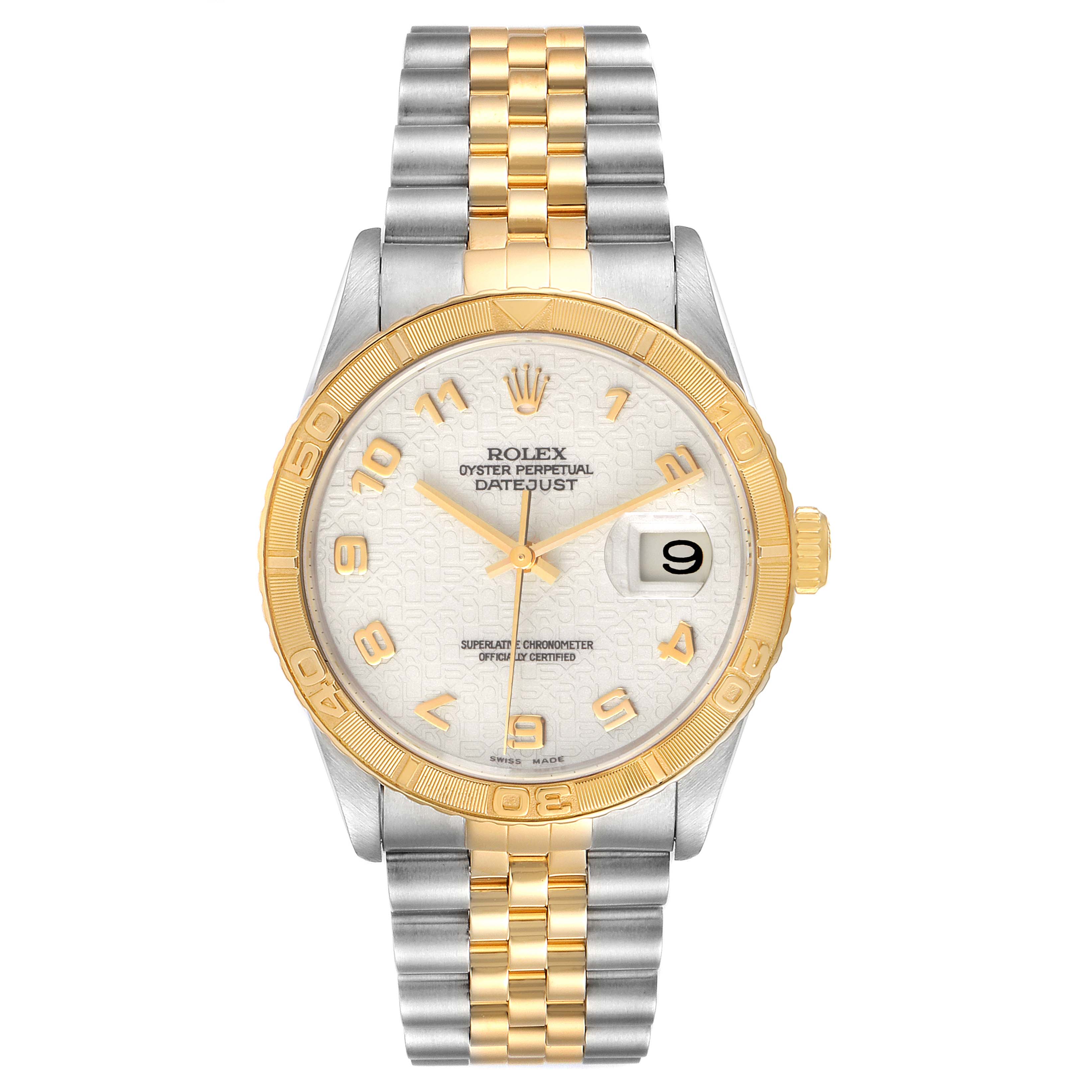 This image shows a front view of a Rolex Turn-o-Graph 16263 Men
s Steel and Gold (two tone) Beige Dial 16263 Men
s Steel and Gold (two tone) Beige Dial watch, highlighting its two-tone metal bracelet and face.