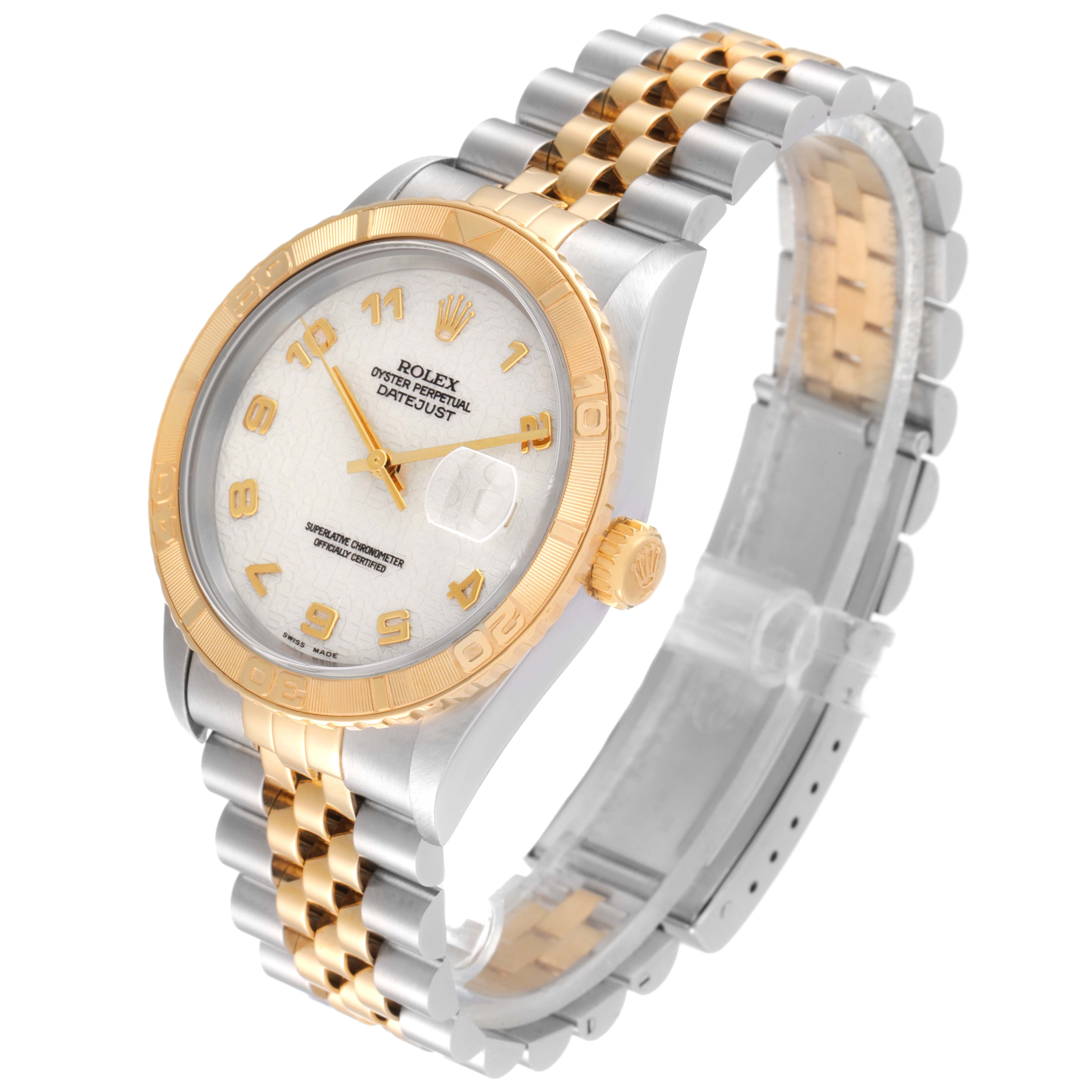 The Rolex Turn-o-Graph 16263 Men
s Steel and Gold (two tone) Beige Dial 16263 Men
s Steel and Gold (two tone) Beige Dial watch is shown at an angled view displaying the face, bezel, crown, and two-tone bracelet.