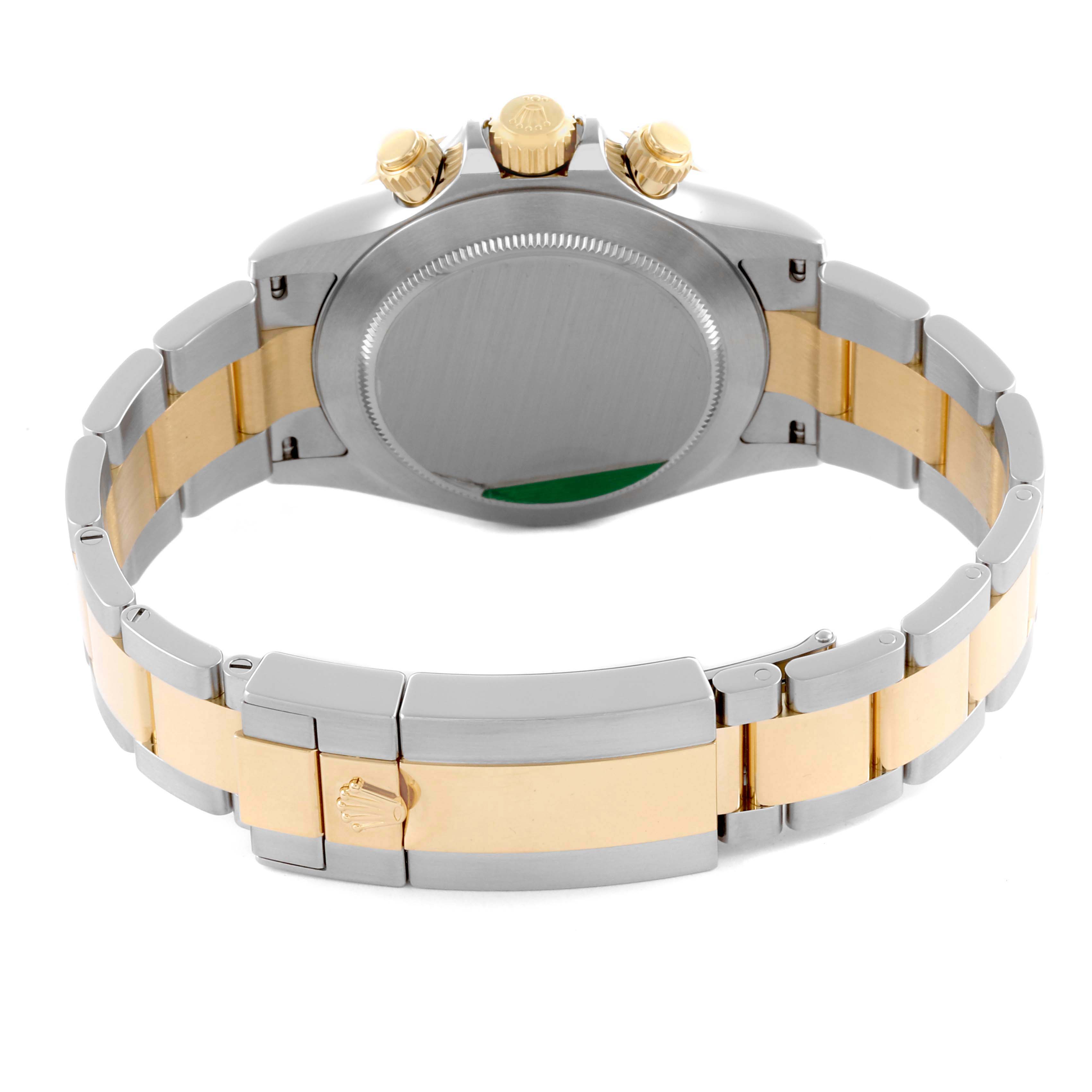 The image shows the backside and clasp of a Rolex Daytona 116503 Men's Steel and Gold (two tone) Mother of Pearl Dial 116503 Men's Steel and Gold (two tone) Mother of Pearl Dial watch, highlighting its silver and gold bracelet.