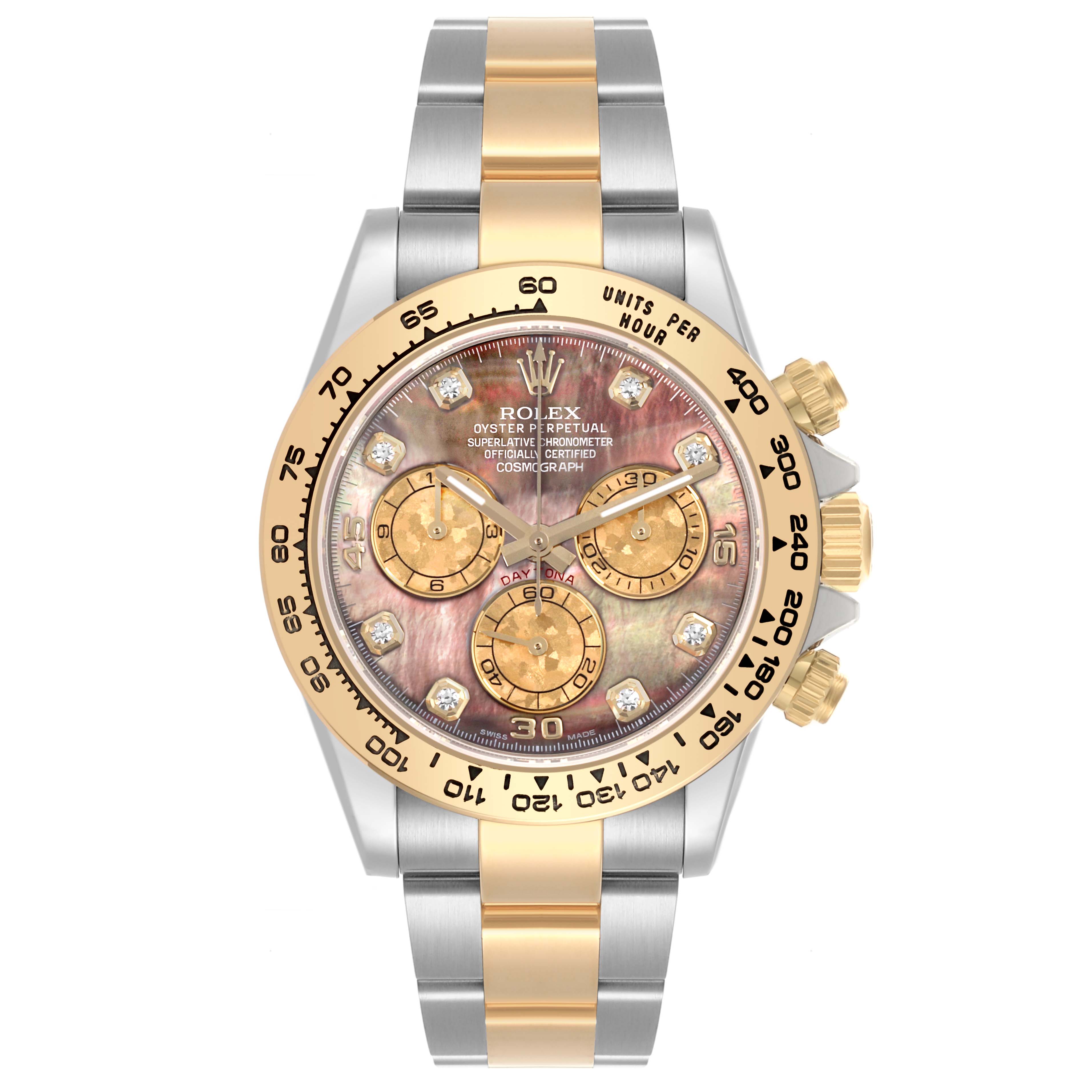 The Rolex Daytona 116503 Men's Steel and Gold (two tone) Mother of Pearl Dial 116503 Men's Steel and Gold (two tone) Mother of Pearl Dial watch is shown from a top view, highlighting the bezel, dial, and bracelet.