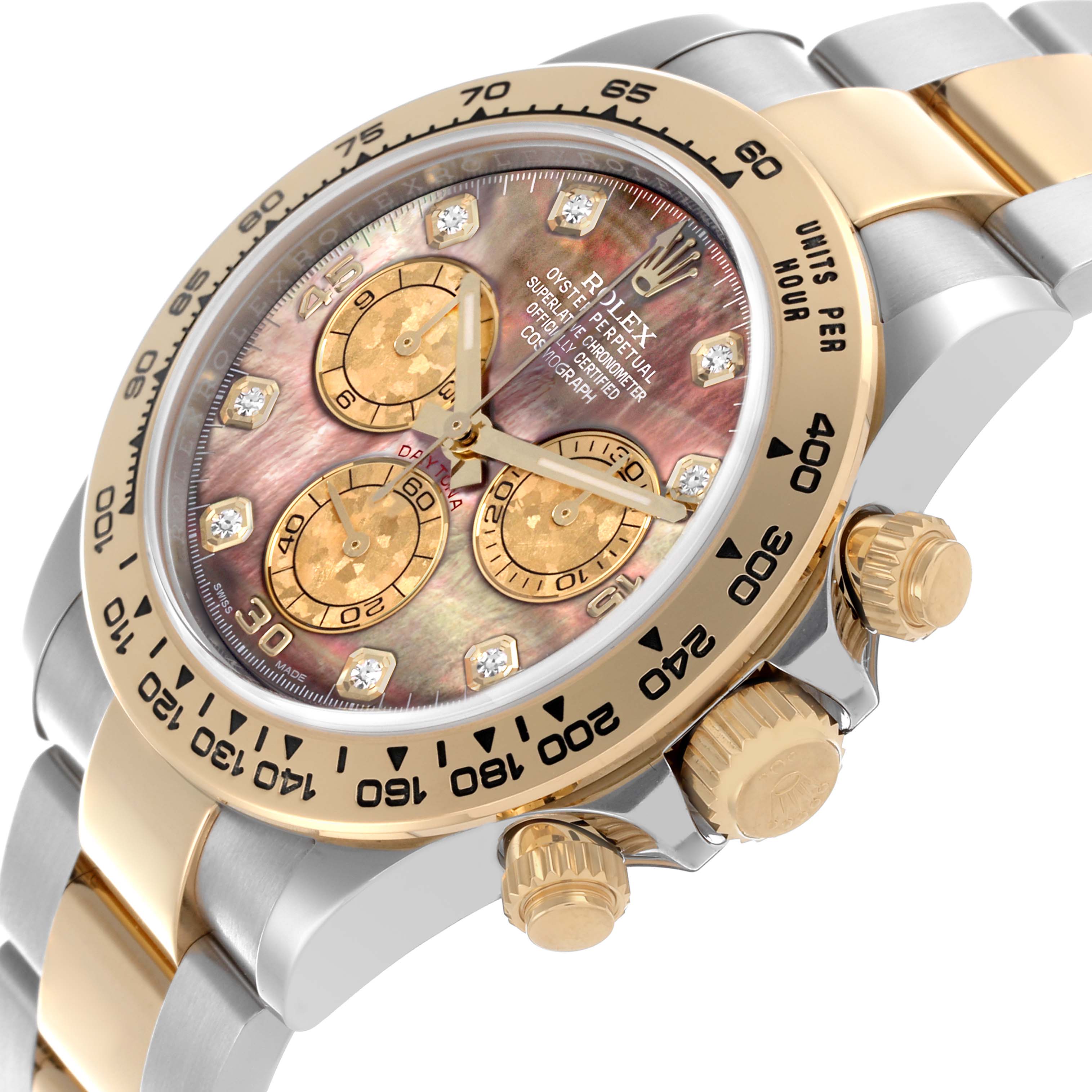 The Rolex Daytona 116503 Men's Steel and Gold (two tone) Mother of Pearl Dial 116503 Men's Steel and Gold (two tone) Mother of Pearl Dial watch is shown in a close-up side angle, highlighting the face, bezel, and crown.