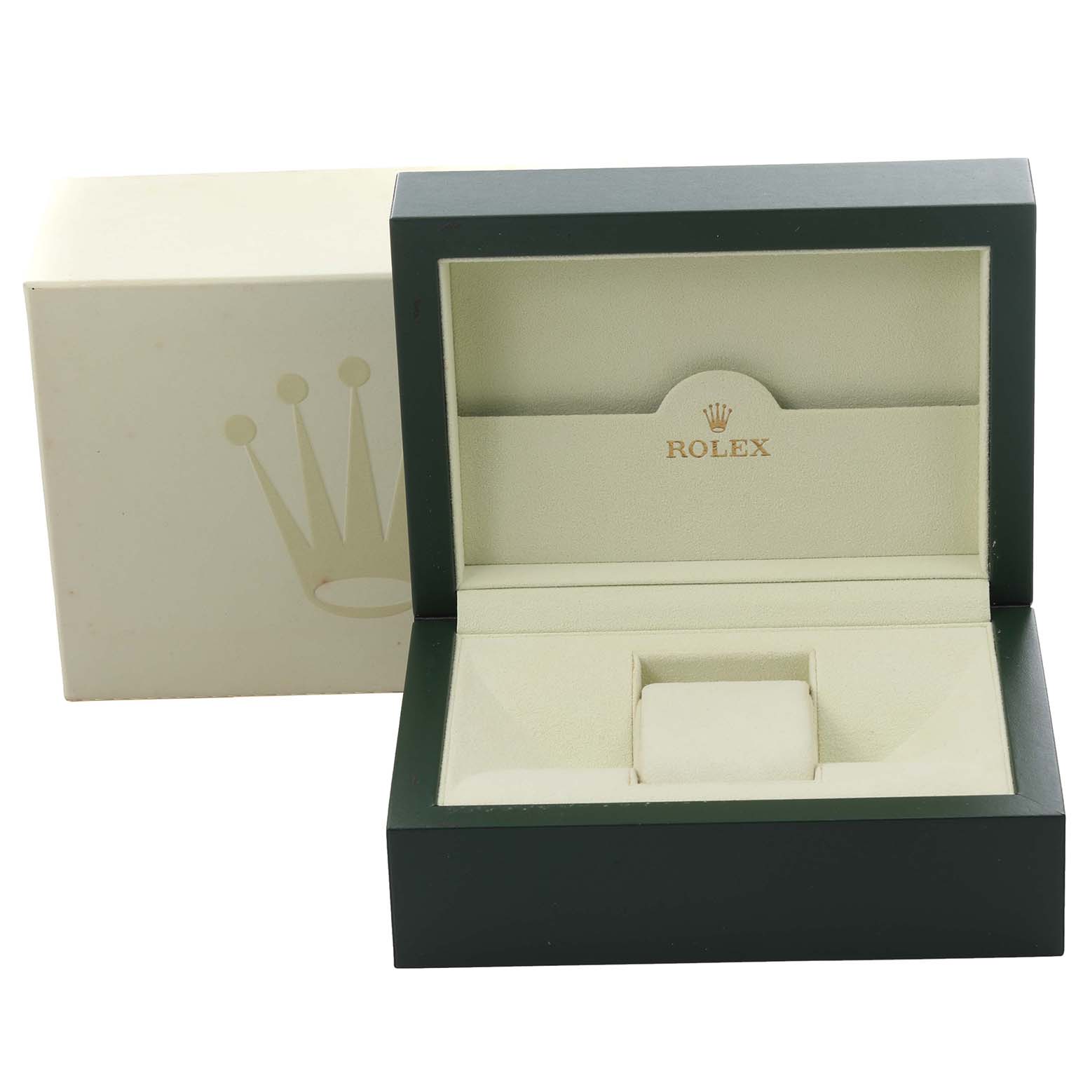 The image shows an open Rolex Daytona 116503 Men's Steel and Gold (two tone) Mother of Pearl Dial 116503 Men's Steel and Gold (two tone) Mother of Pearl Dial watch box at a front angle, revealing the interior and the cushion for the watch.